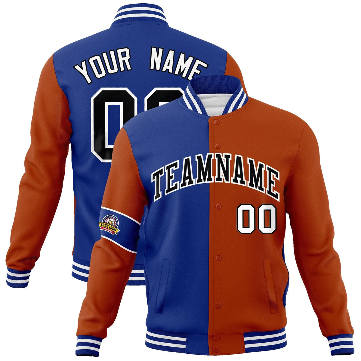 Custom Royal Orange-Black Letterman Two Tone Full-Snap Split Fashion Jacket