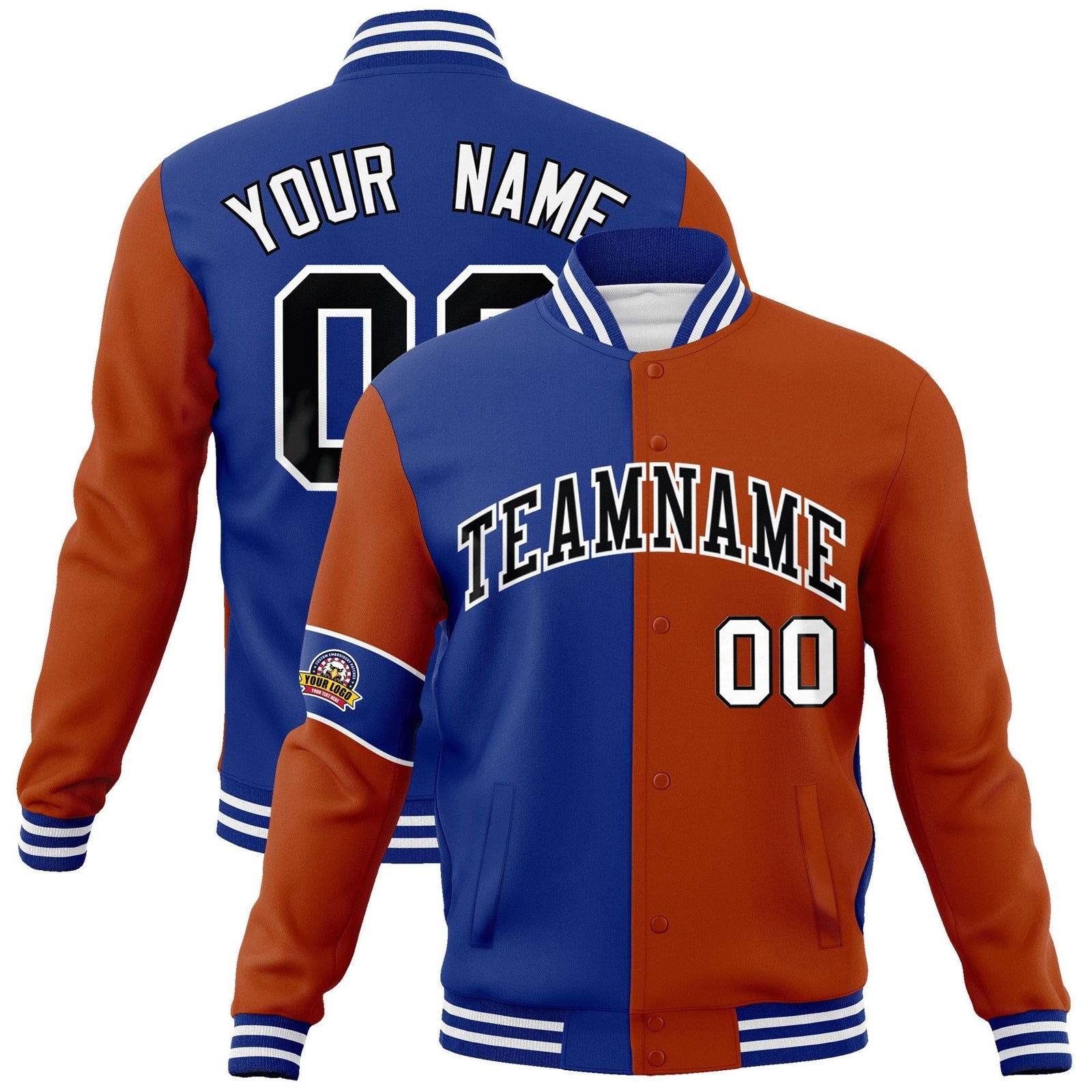 Custom Royal Orange-Black Letterman Two Tone Full-Snap Split Fashion Jacket