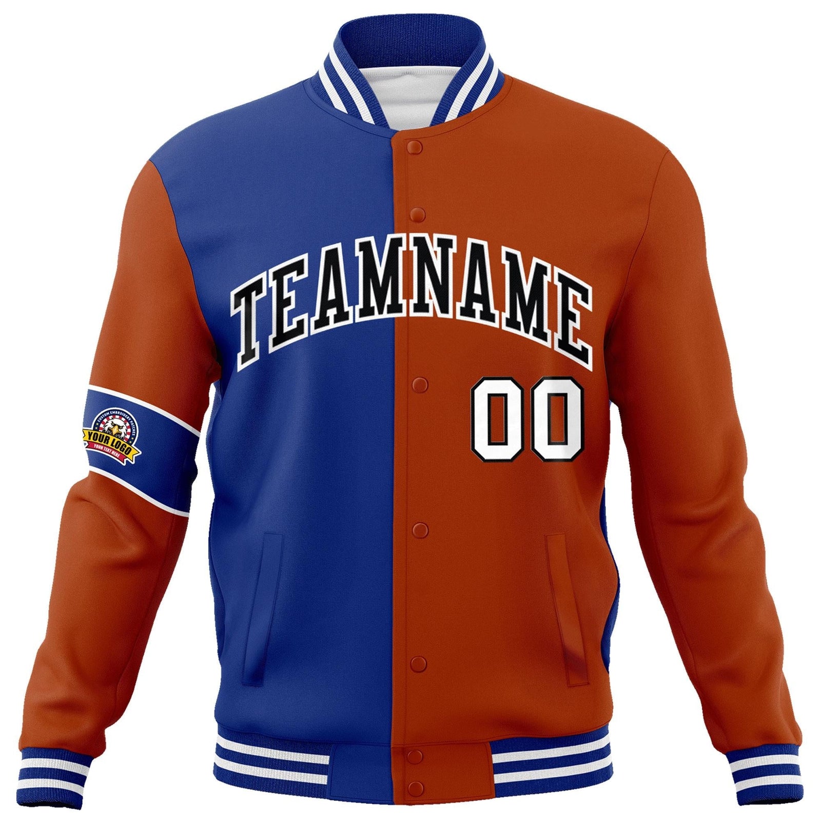 Custom Royal Orange-Black Letterman Two Tone Full-Snap Split Fashion Jacket