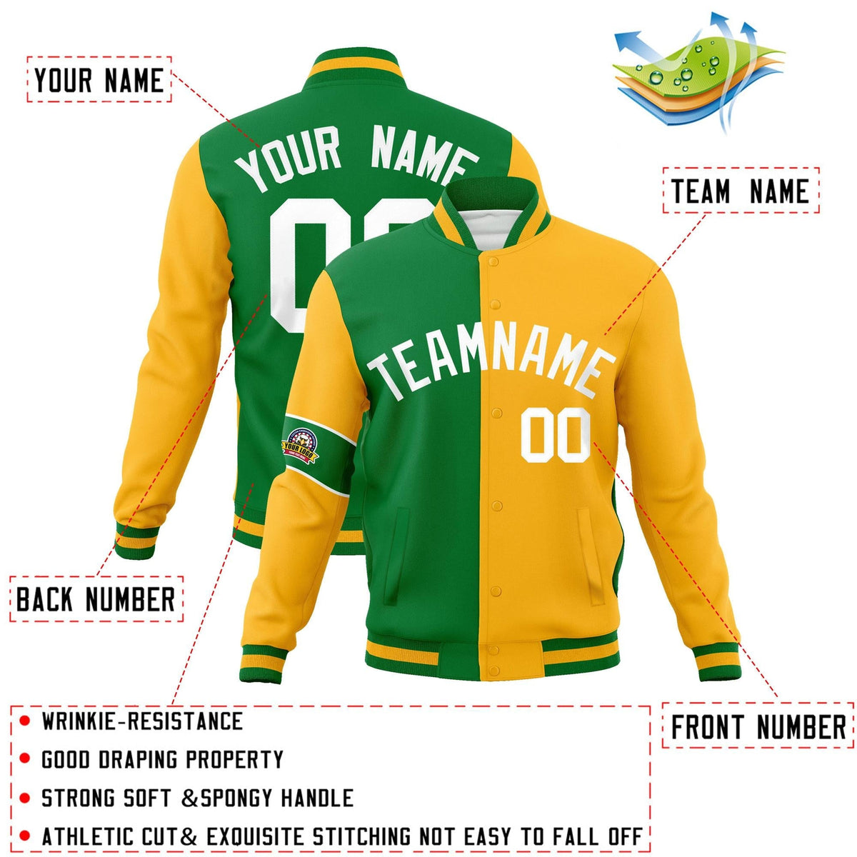 Custom Kelly Green Gold-White Letterman Two Tone Full-Snap Split Fashion Jacket