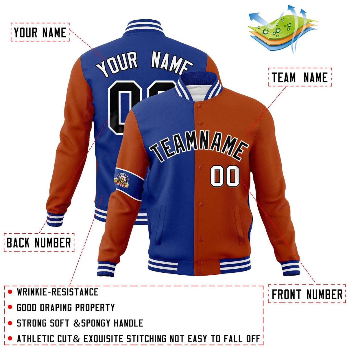 Custom Royal Orange-Black Letterman Two Tone Full-Snap Split Fashion Jacket