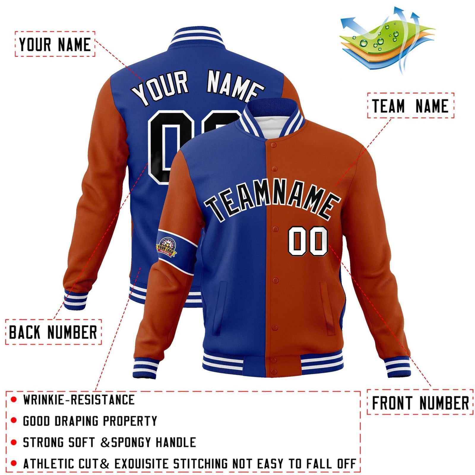 Custom Royal Orange-Black Letterman Two Tone Full-Snap Split Fashion Jacket