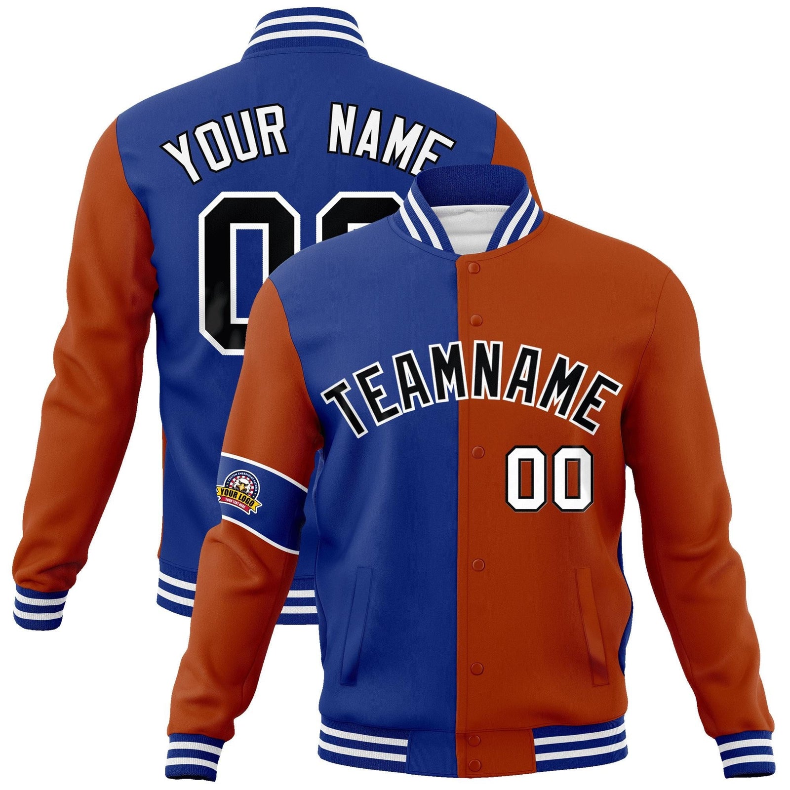 Custom Royal Orange-Black Letterman Two Tone Full-Snap Split Fashion Jacket