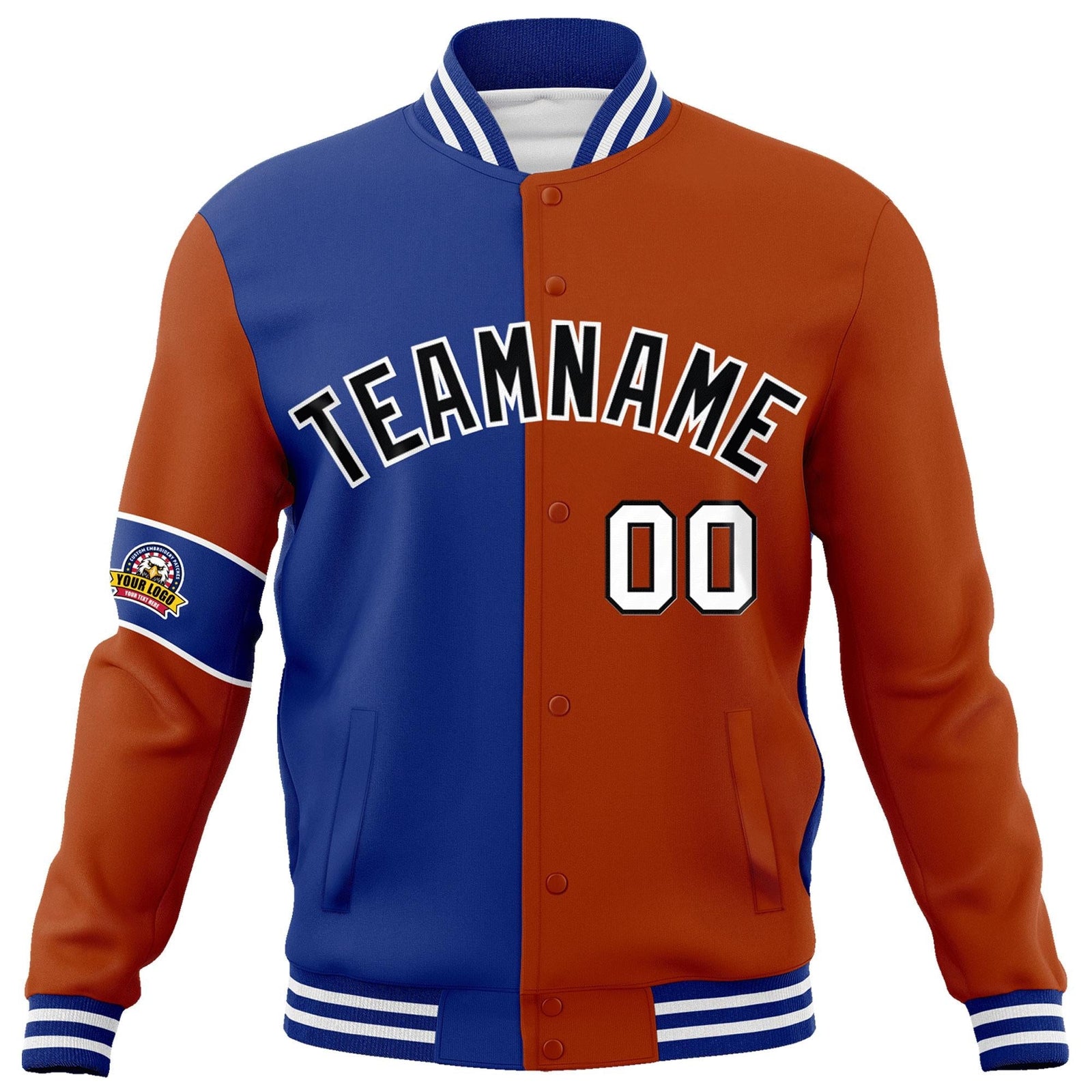 Custom Royal Orange-Black Letterman Two Tone Full-Snap Split Fashion Jacket