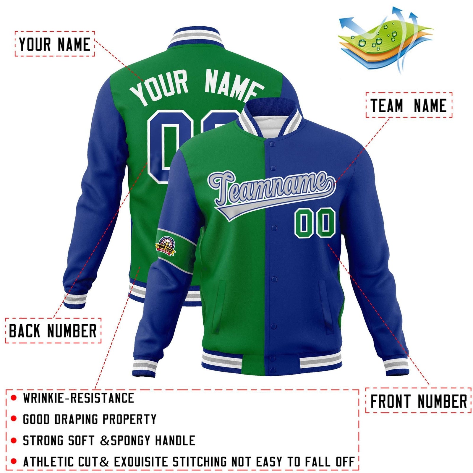 Custom Kelly Green Royal-Gray Letterman Two Tone Full-Snap Split Fashion Jacket