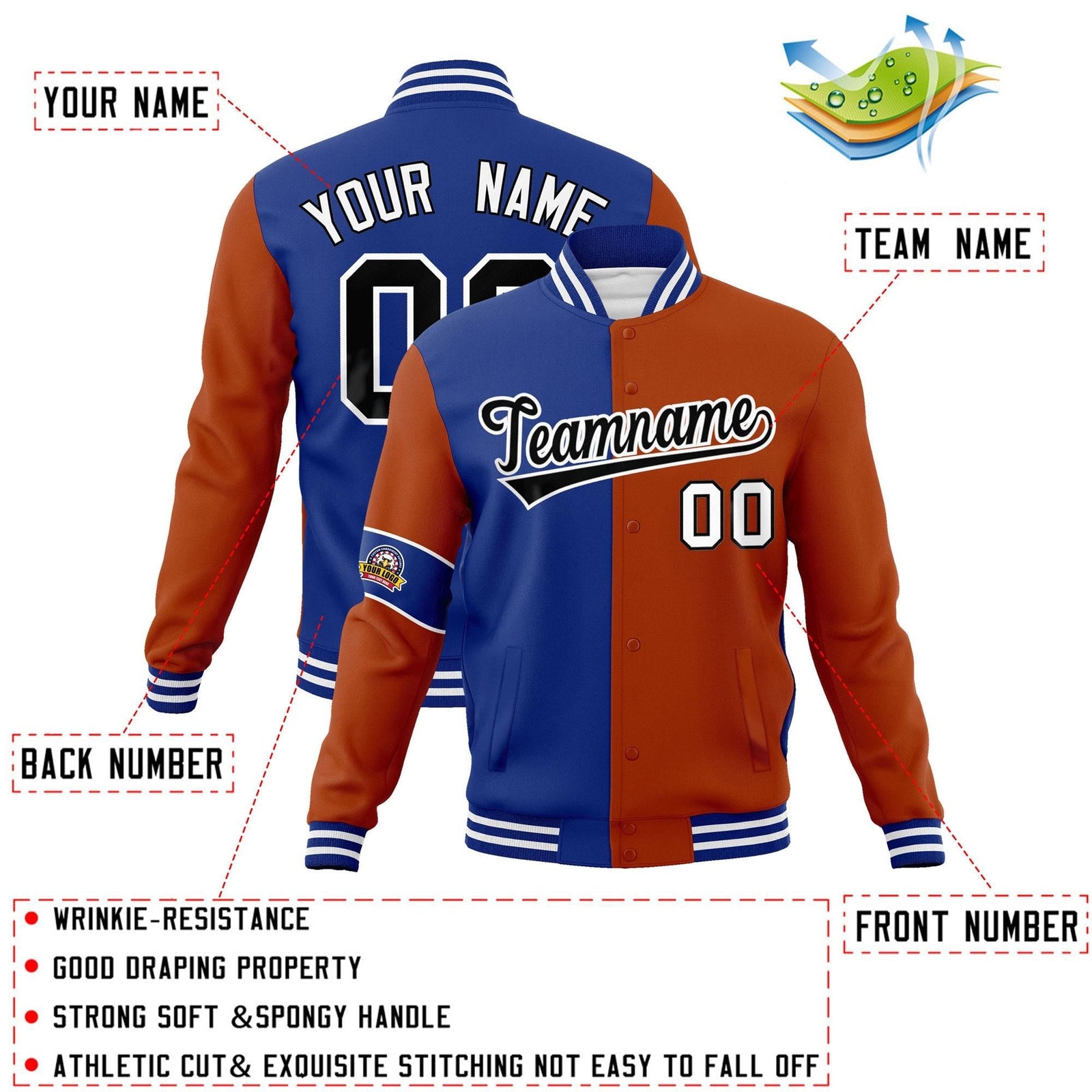 Custom Royal Orange-Black Letterman Two Tone Full-Snap Split Fashion Jacket
