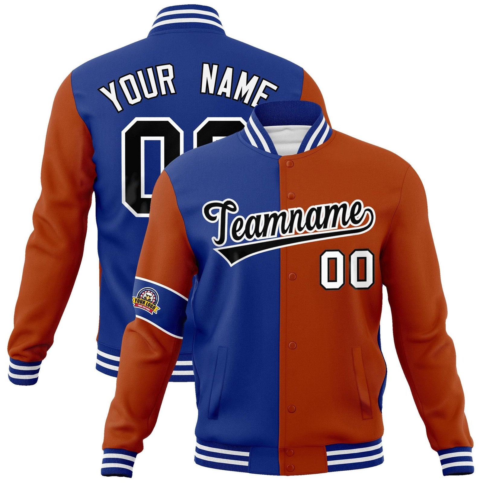 Custom Royal Orange-Black Letterman Two Tone Full-Snap Split Fashion Jacket