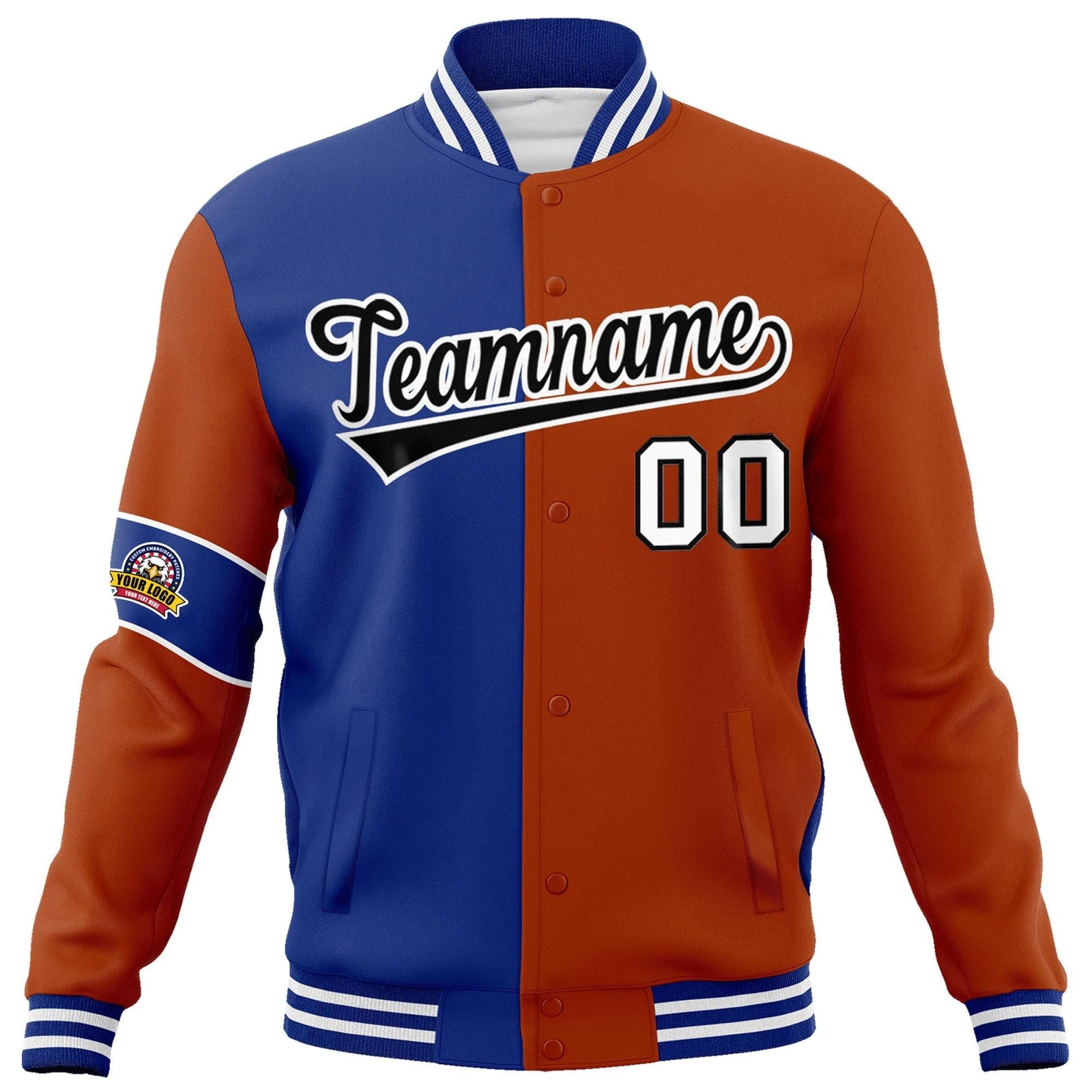 Custom Royal Orange-Black Letterman Two Tone Full-Snap Split Fashion Jacket
