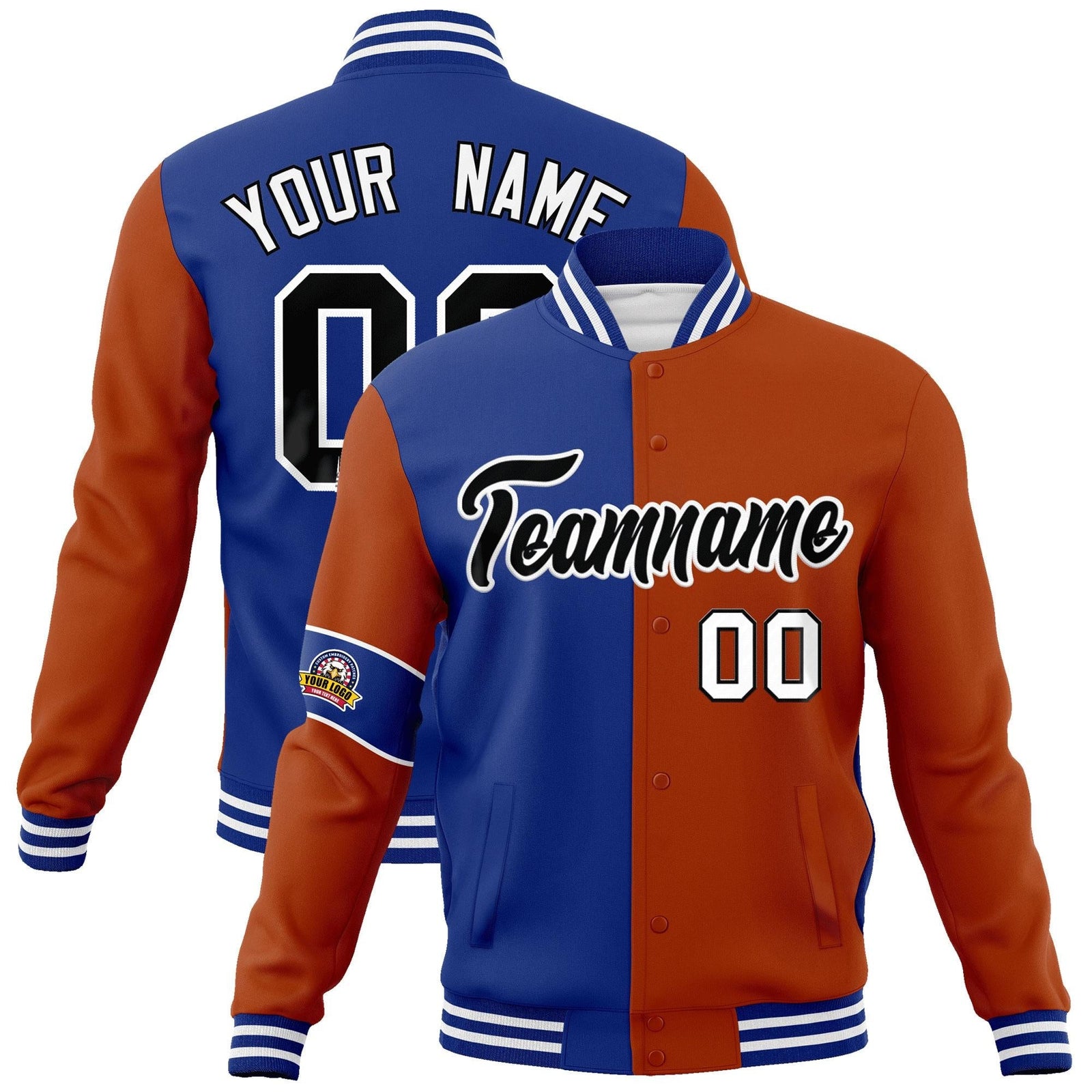 Custom Royal Orange-Black Letterman Two Tone Full-Snap Split Fashion Jacket