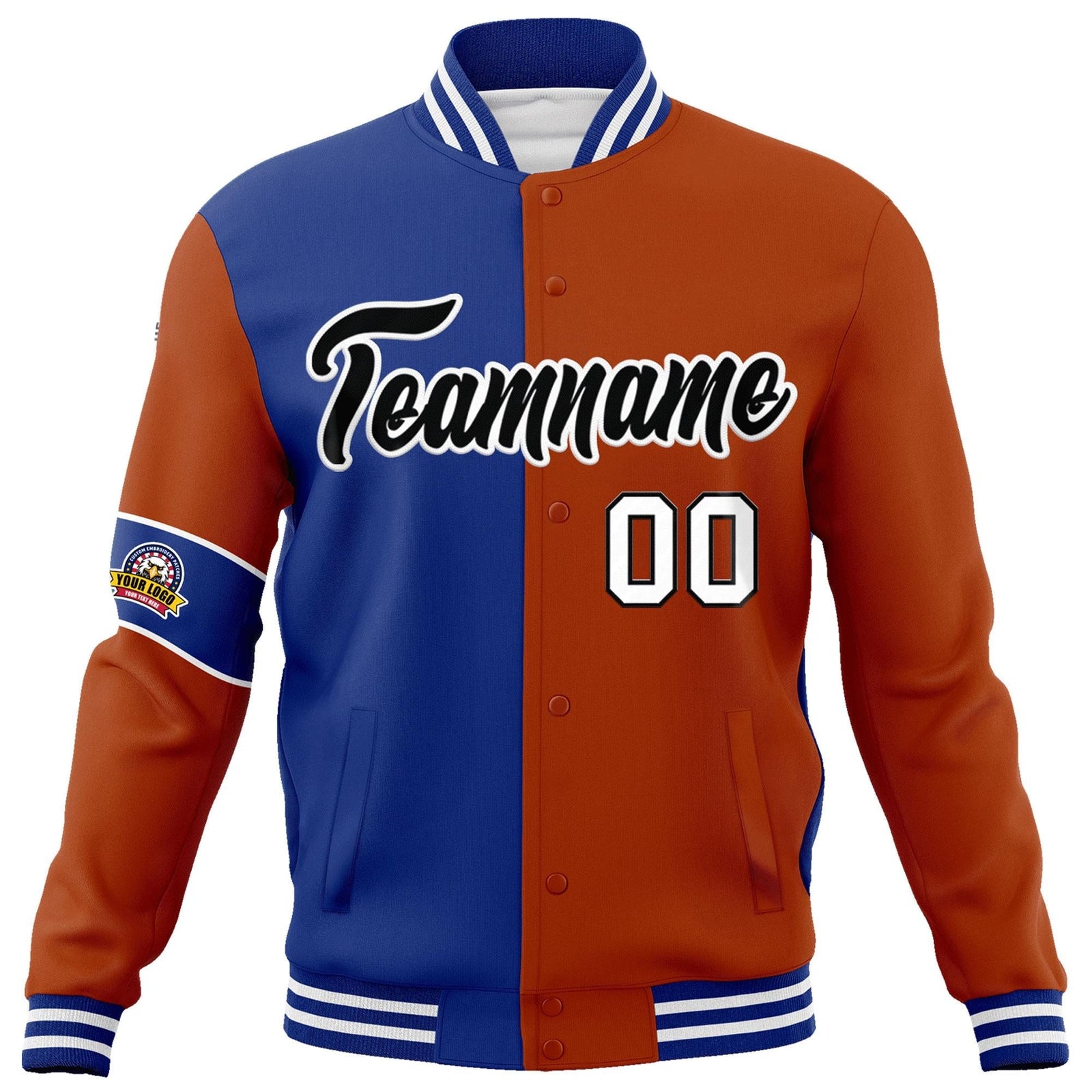 Custom Royal Orange-Black Letterman Two Tone Full-Snap Split Fashion Jacket