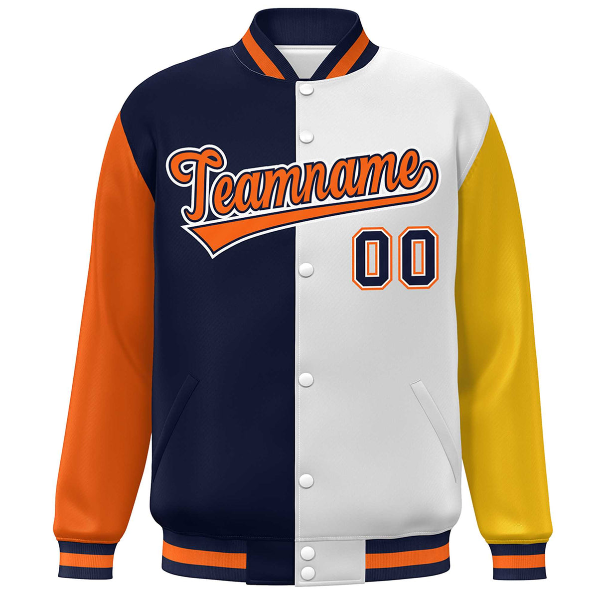 Custom Orange Navy White-Gold Color Block Bomber Varsity Full-Snap Baseball Jacket