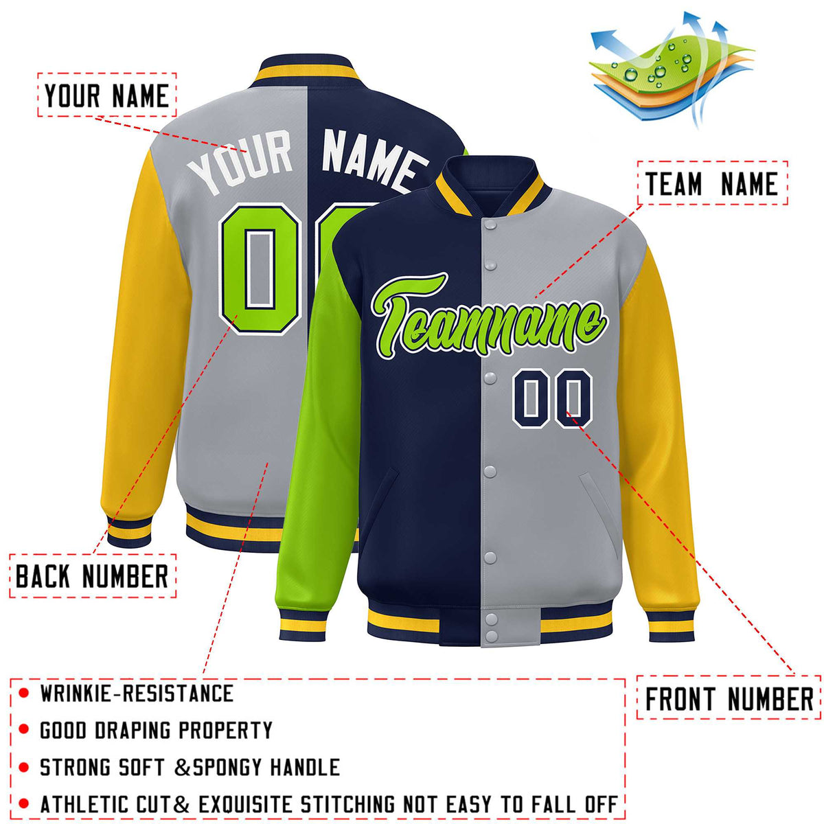 Custom Neon Green Navy Gray-Gold Color Block Bomber Varsity Full-Snap Baseball Jacket