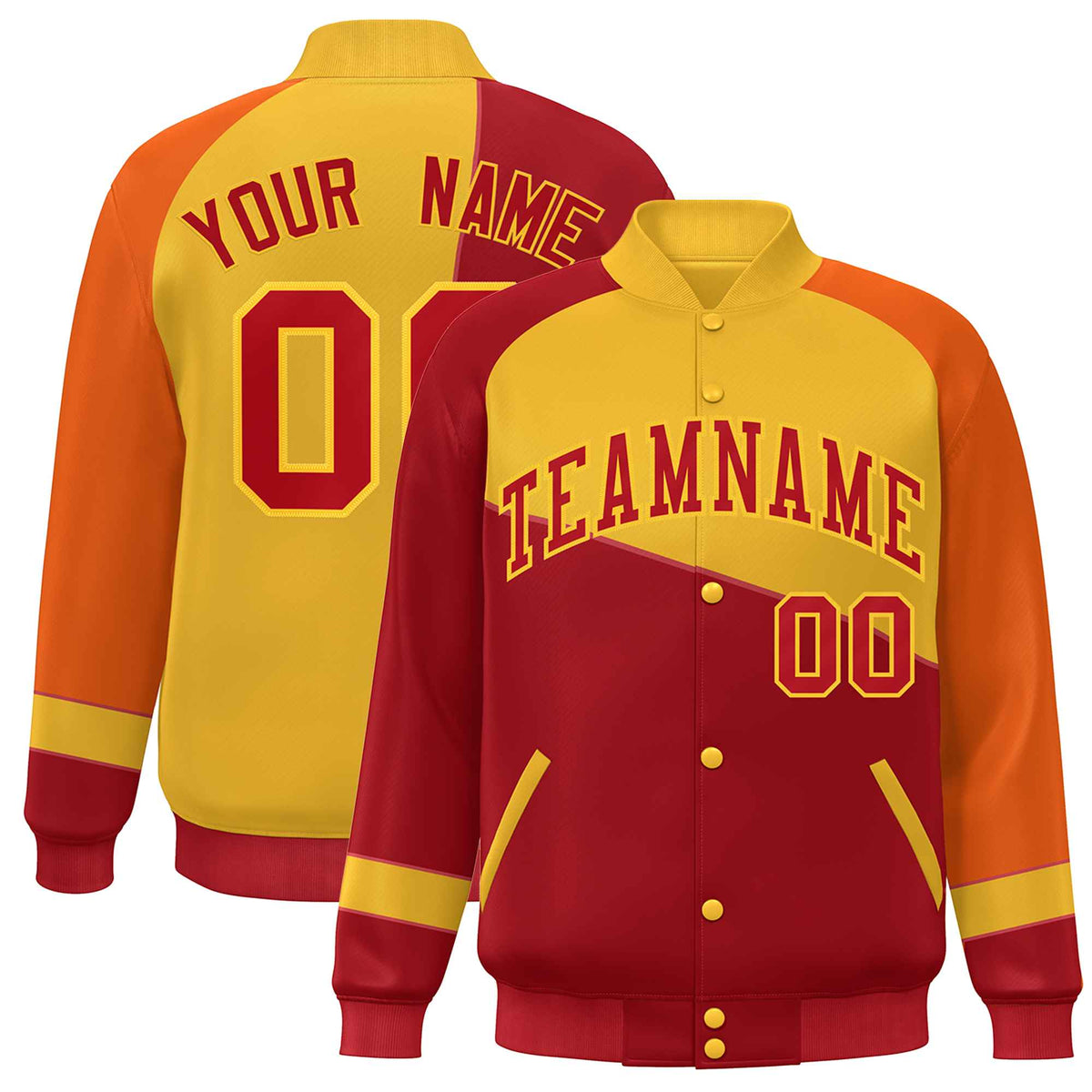 Custom Red Gold-Orange Color Block Bomber Varsity Full-Snap Baseball Jacket