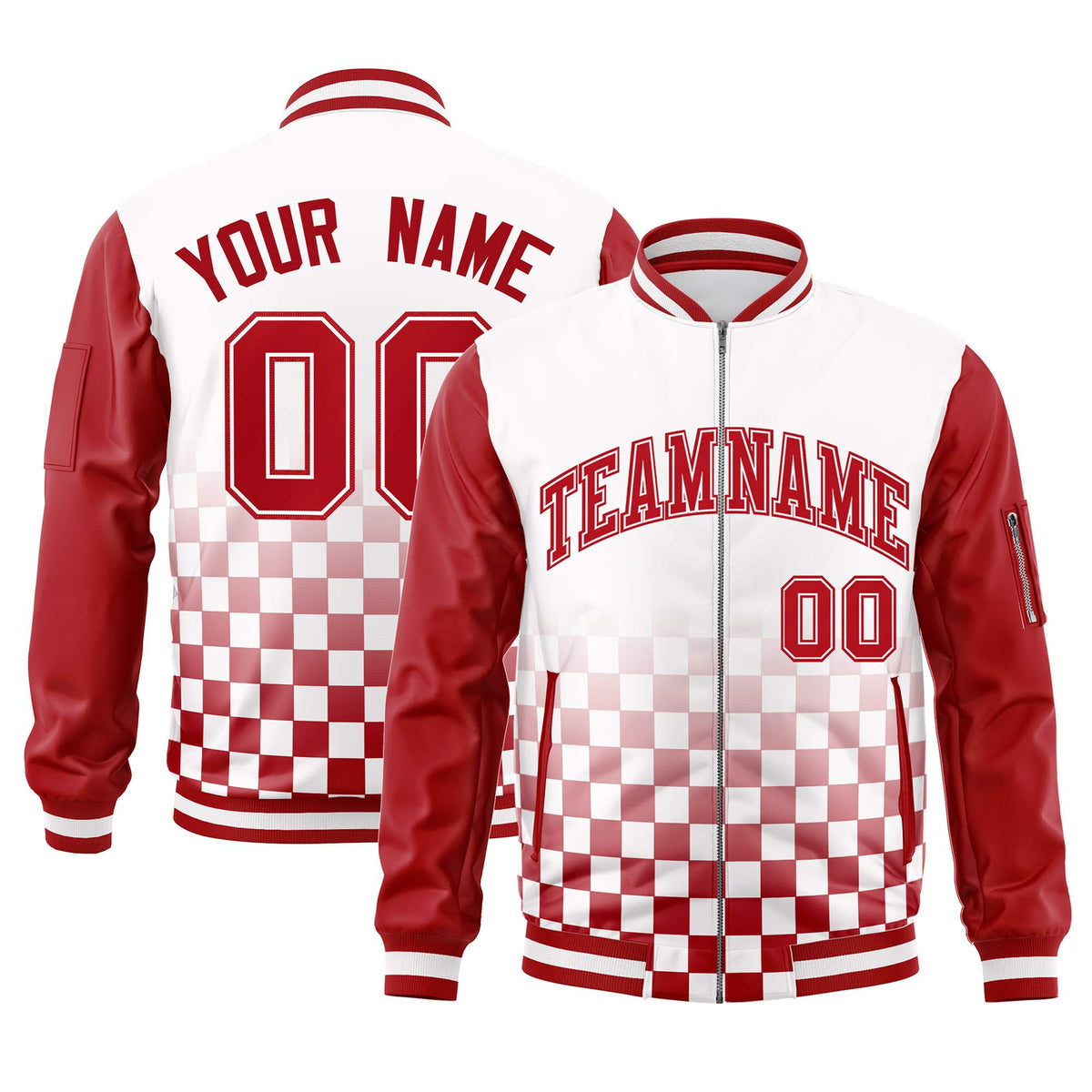 Custom White Red Grid Varsity Full-Zip Color Block Letterman Raglan Sleeve Jacket