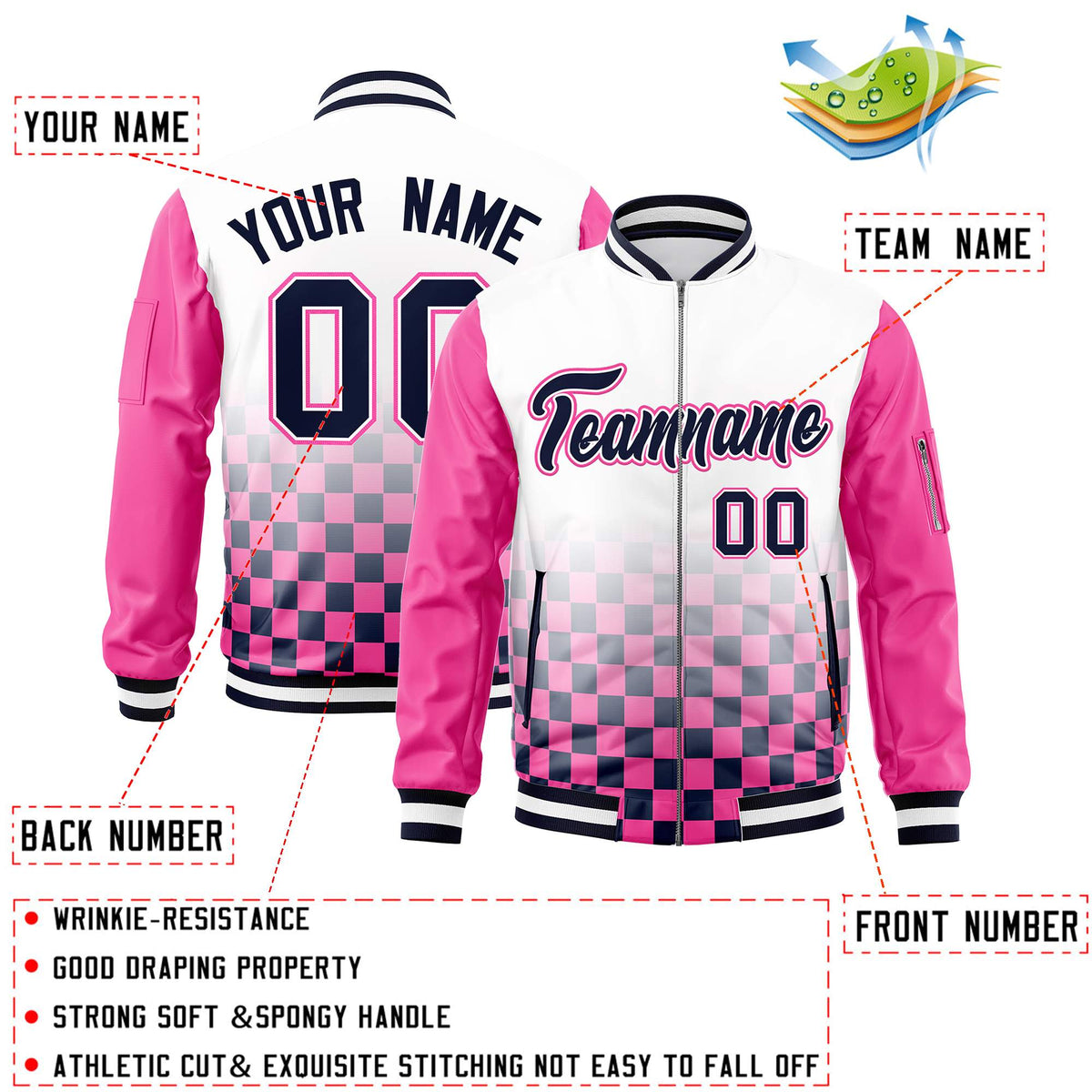 Custom White Navy-Pink Grid Varsity Full-Zip Color Block Letterman Raglan Sleeve Jacket