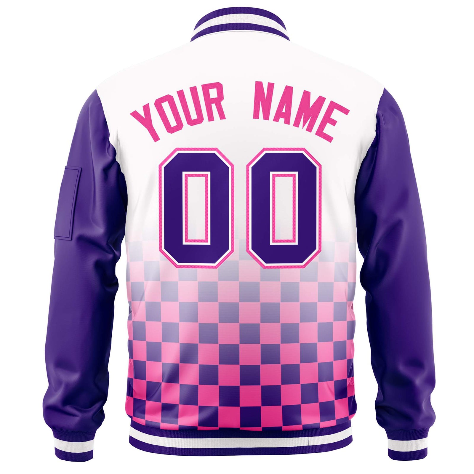 Custom White Purple-Pink Grid Varsity Full-Zip Color Block Letterman Raglan Sleeve Jacket