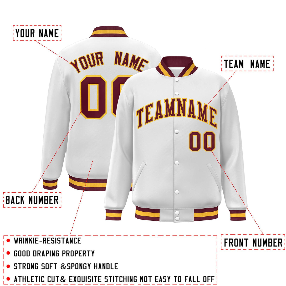 Custom White Crimson-Gold Classic Style Varsity Full-Snap Letterman Jacket