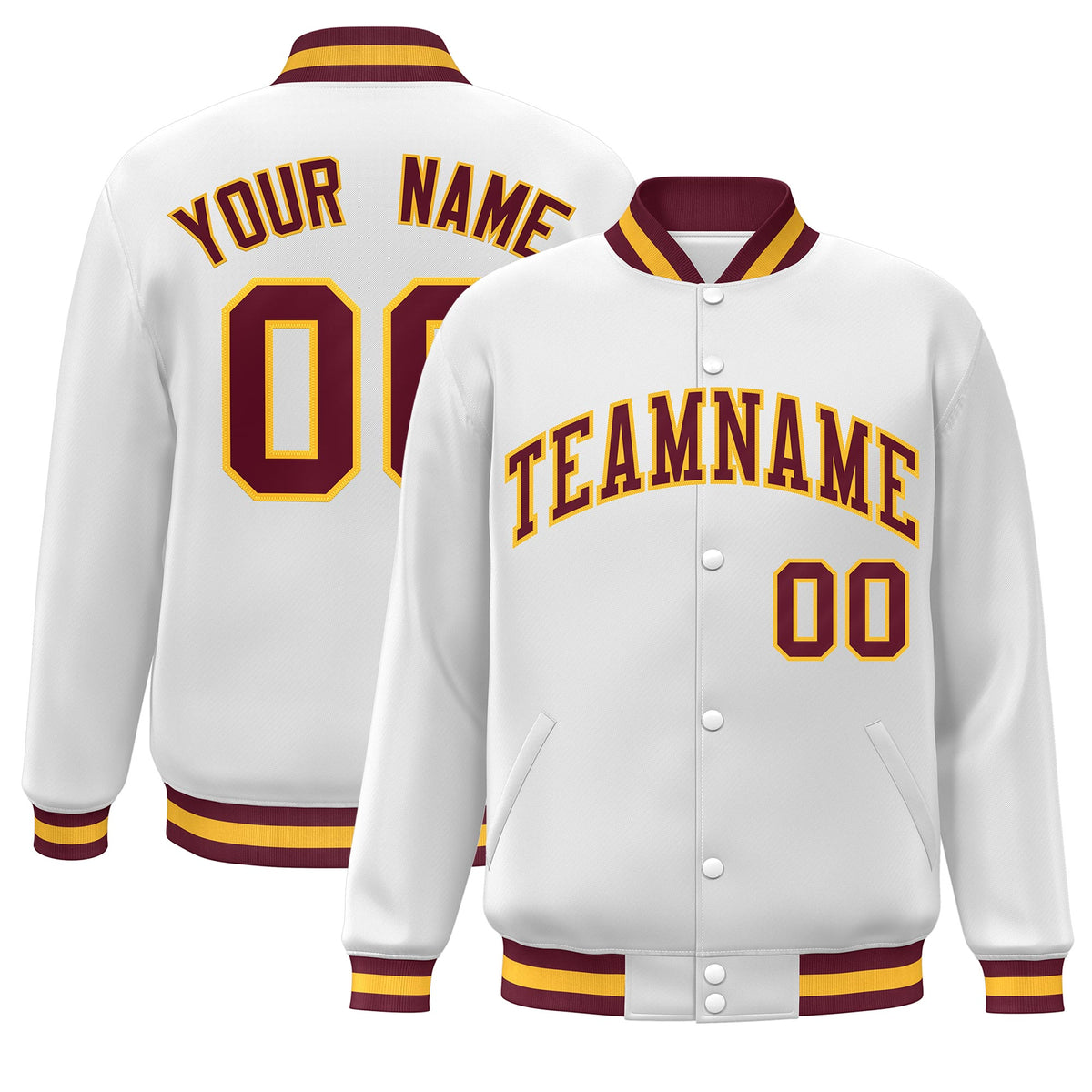 Custom White Crimson-Gold Classic Style Varsity Full-Snap Letterman Jacket