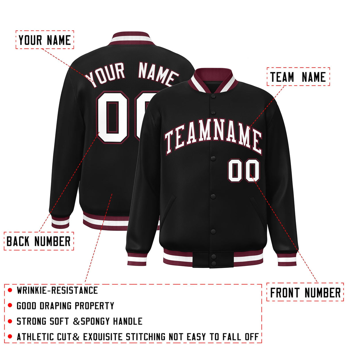 Custom Black White-Crimson Classic Style Varsity Full-Snap Letterman Jacket