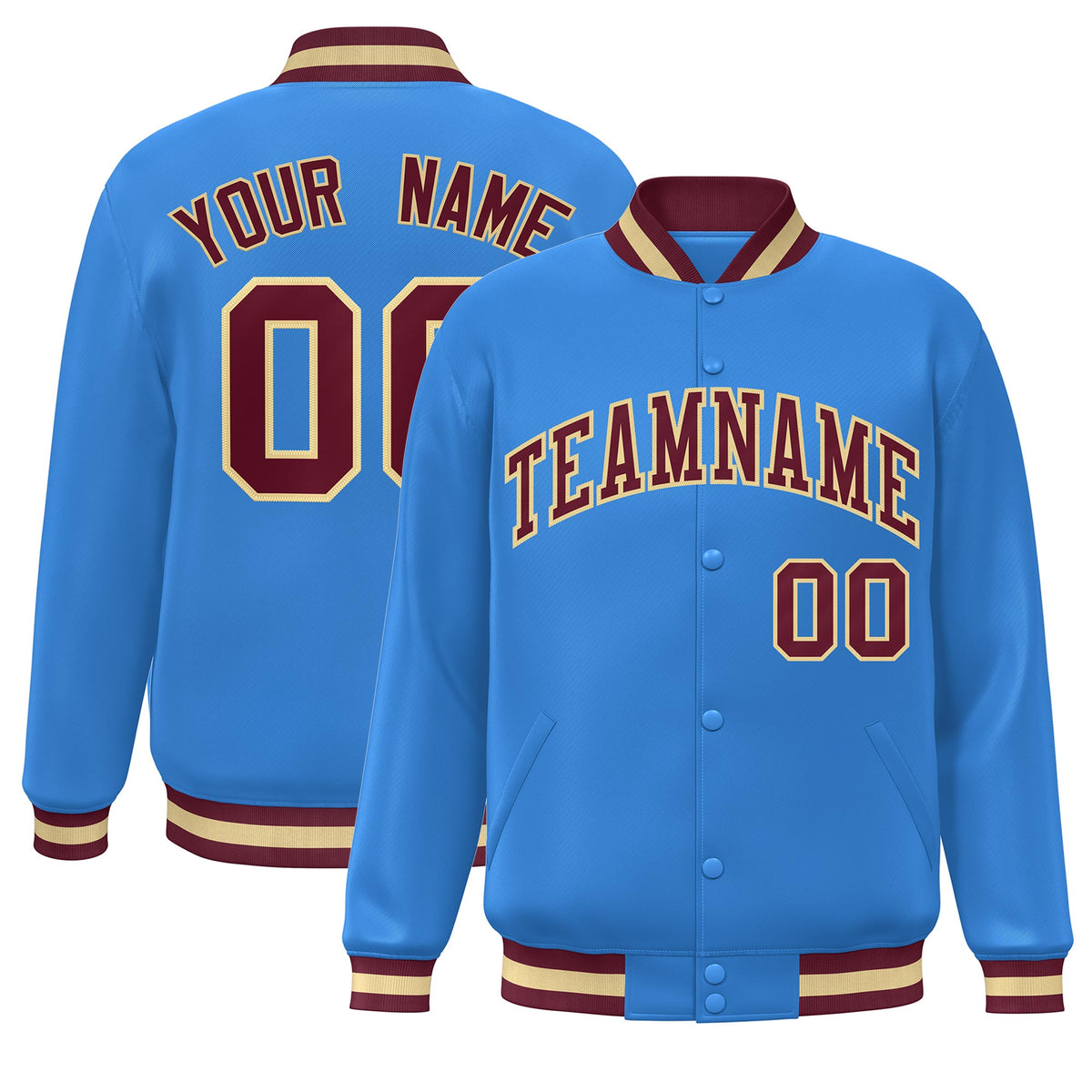 Custom Powder Blue Crimson-Khaki Classic Style Varsity Full-Snap Letterman Jacket
