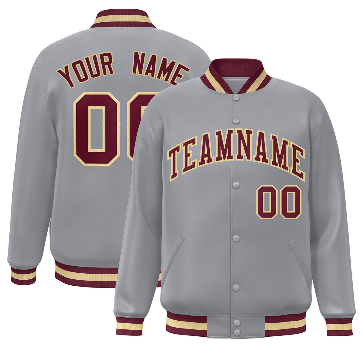 Custom Gray Crimson-Khaki Classic Style Varsity Full-Snap Letterman Jacket
