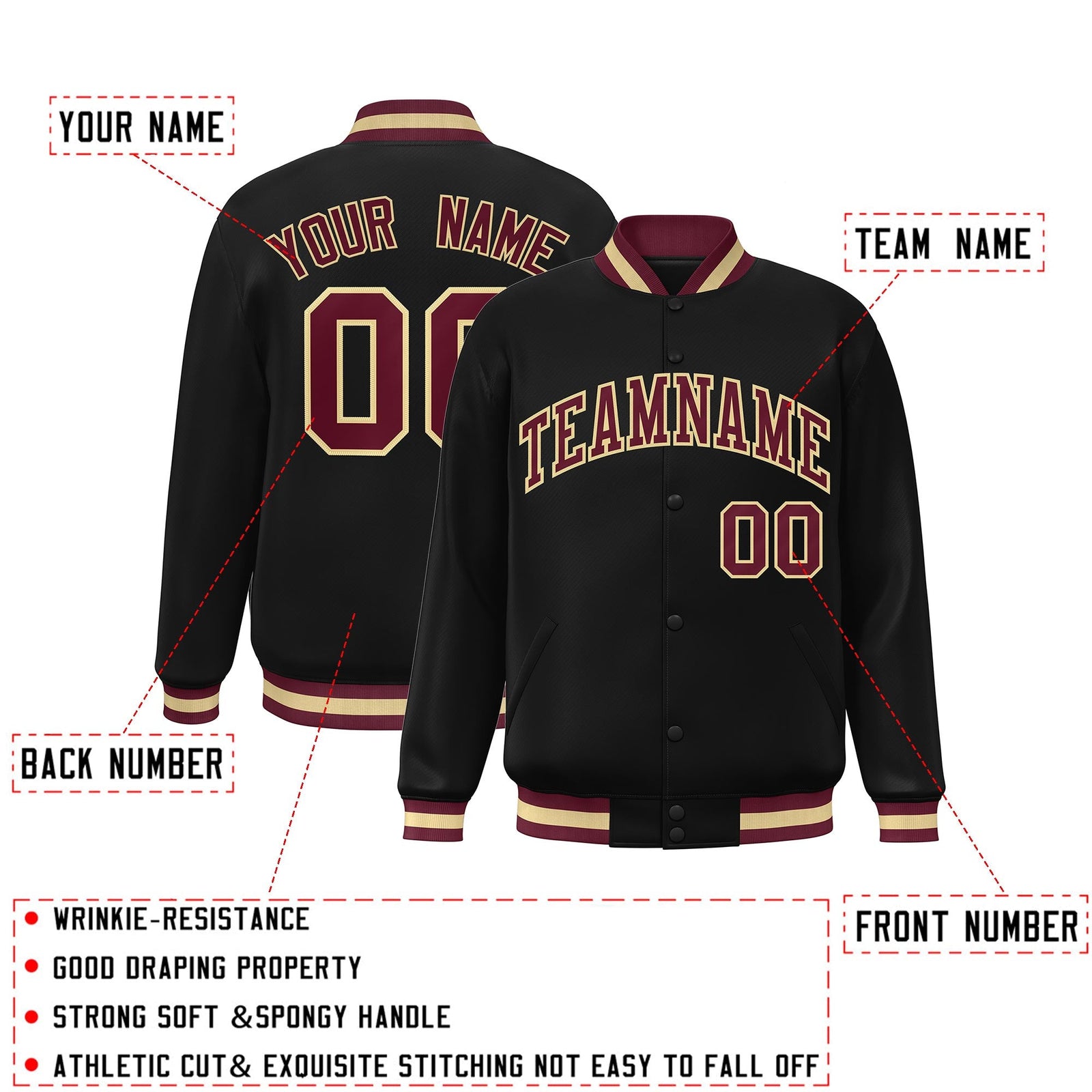 Custom Black Crimson-Khaki Classic Style Varsity Full-Snap Letterman Jacket