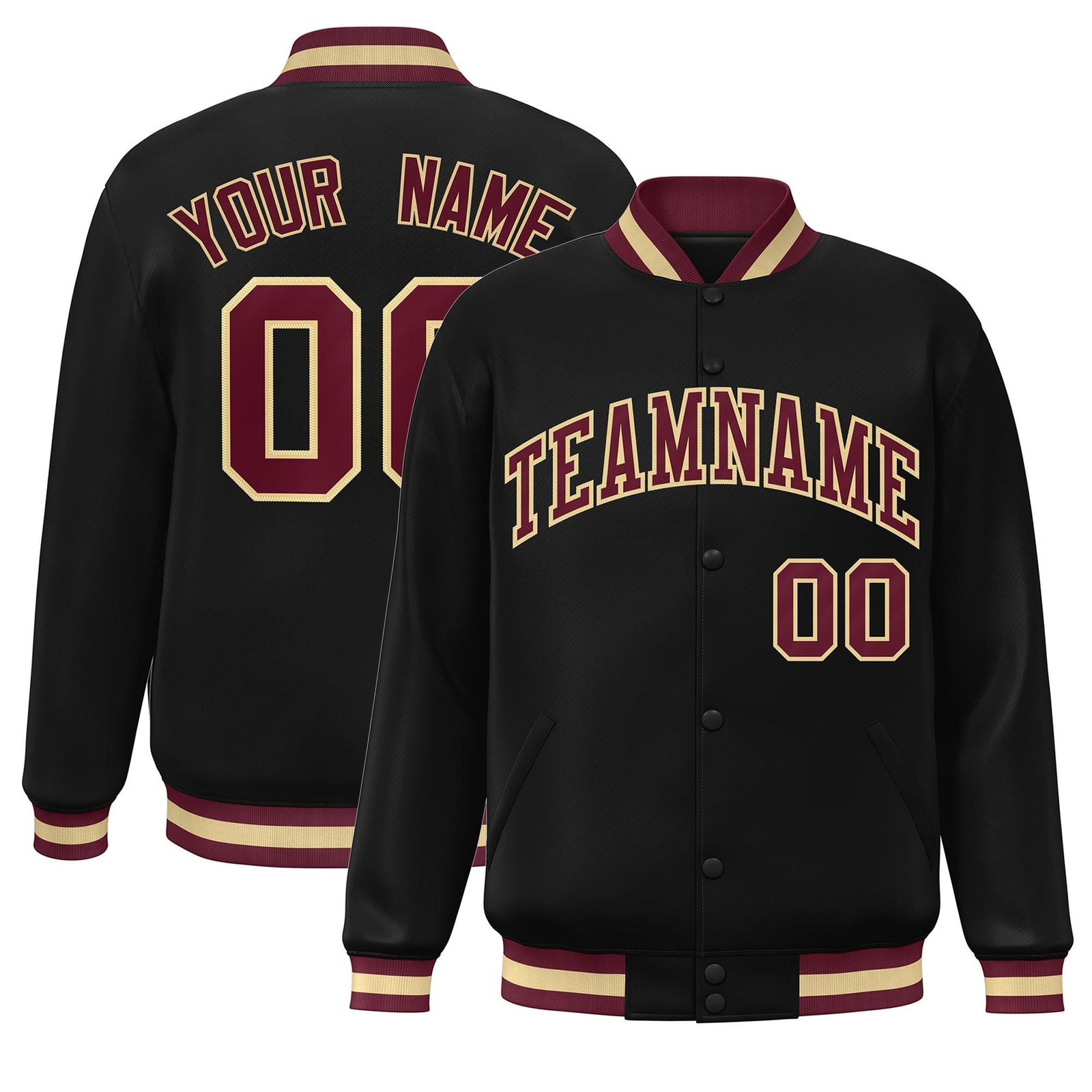 Custom Black Crimson-Khaki Classic Style Varsity Full-Snap Letterman Jacket