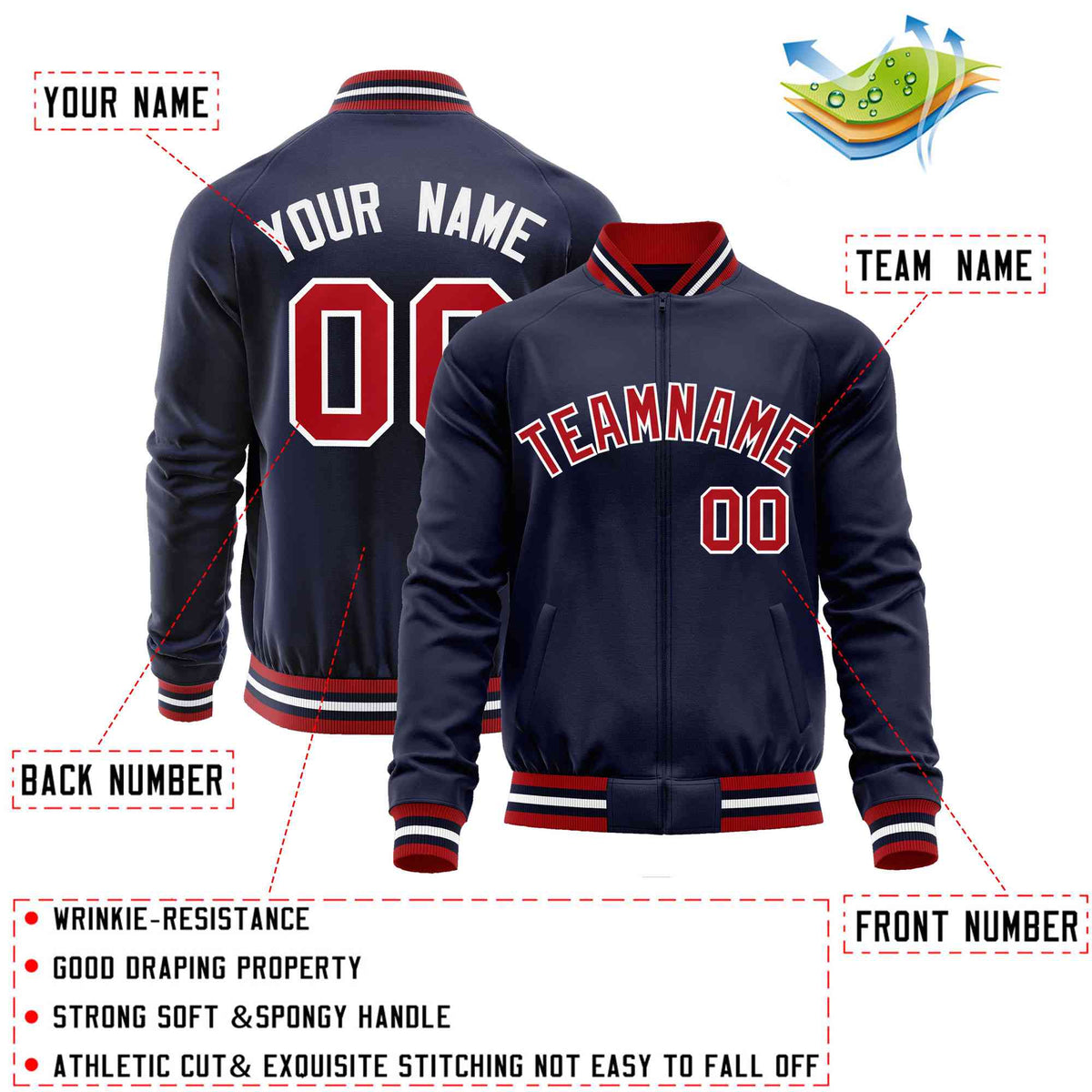 Custom Navy Red Classic Style Varsity Full-Zip Letterman Baseball Jacket