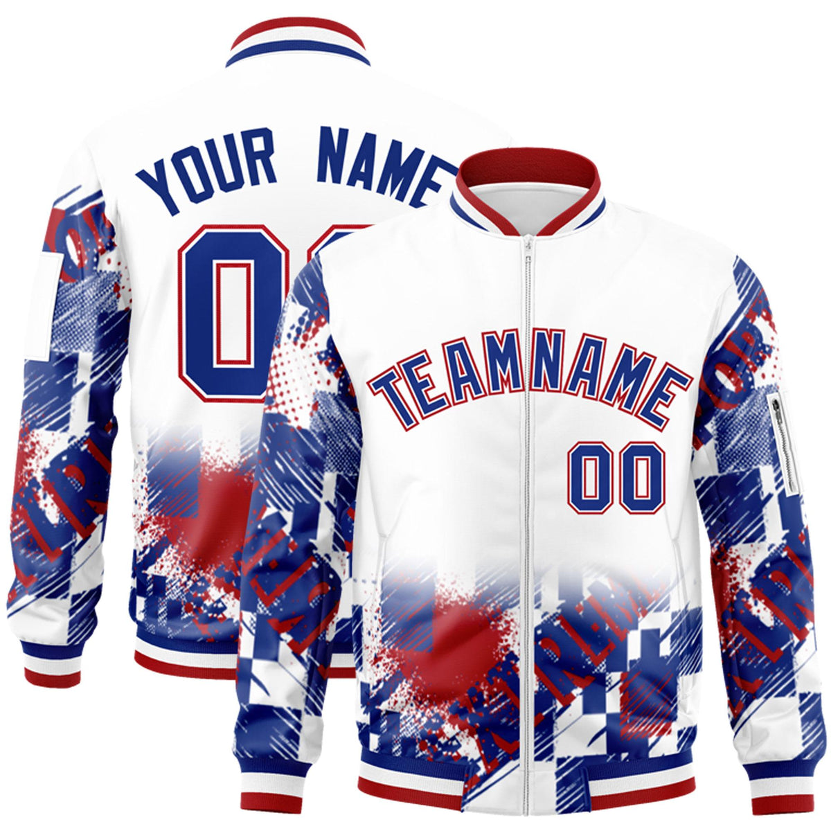 Custom White Royal-Red Varsity Full-Zip Street Graffiti Pattern Letterman Jacket