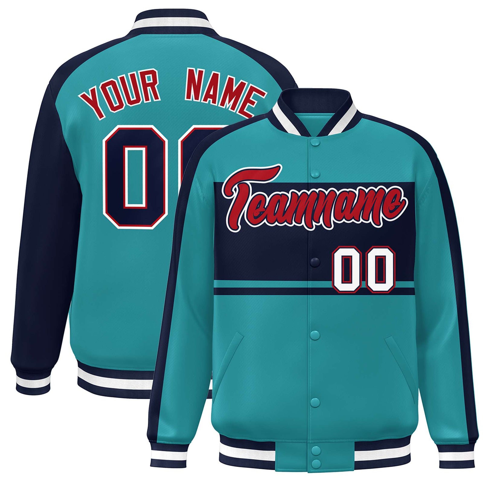 Custom Aqua Navy-Red Color Block Bomber Varsity Baseball Jacket