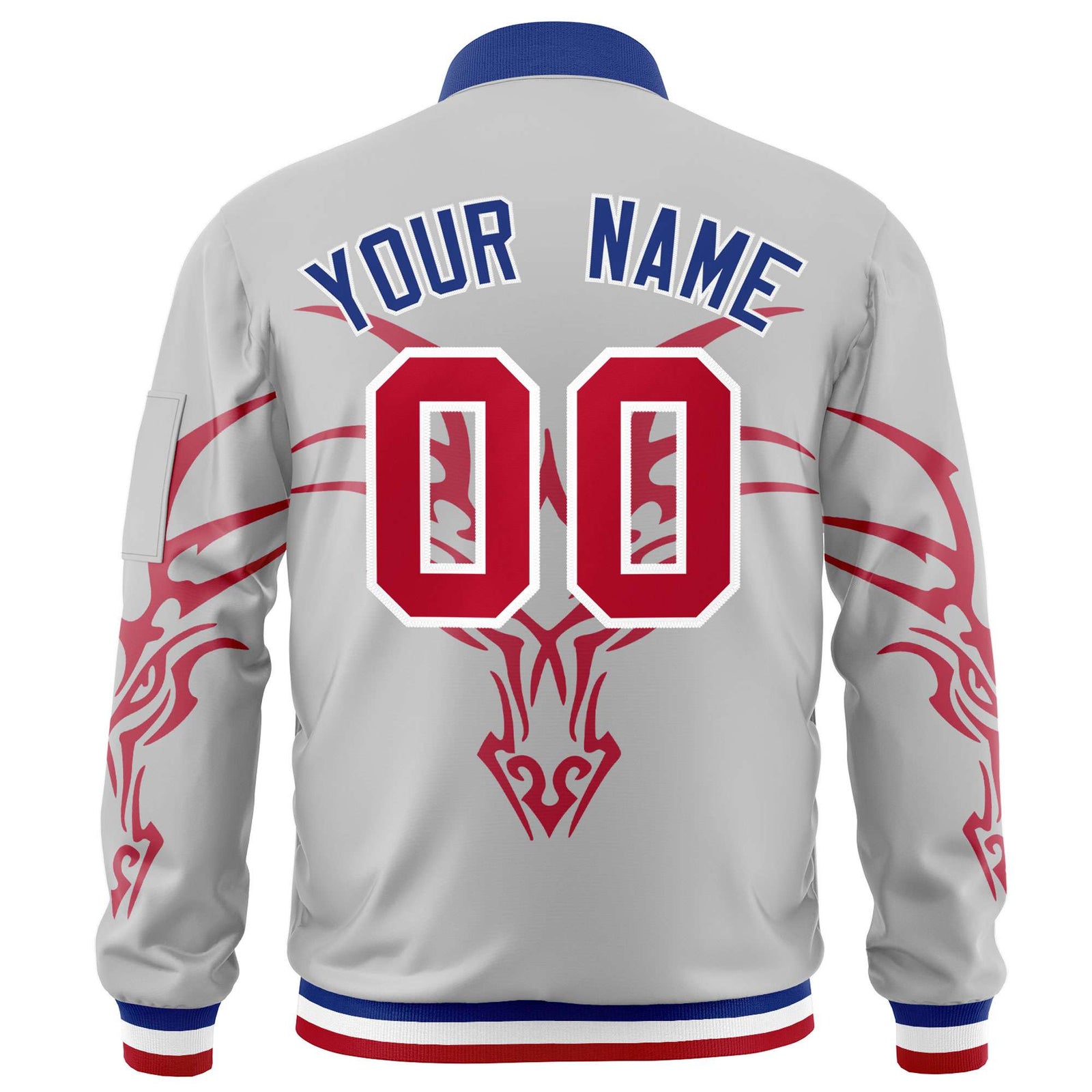 Custom Gray Red Varsity Full-Zip Dragon Head Graffiti Pattern Letterman Bomber Jacket