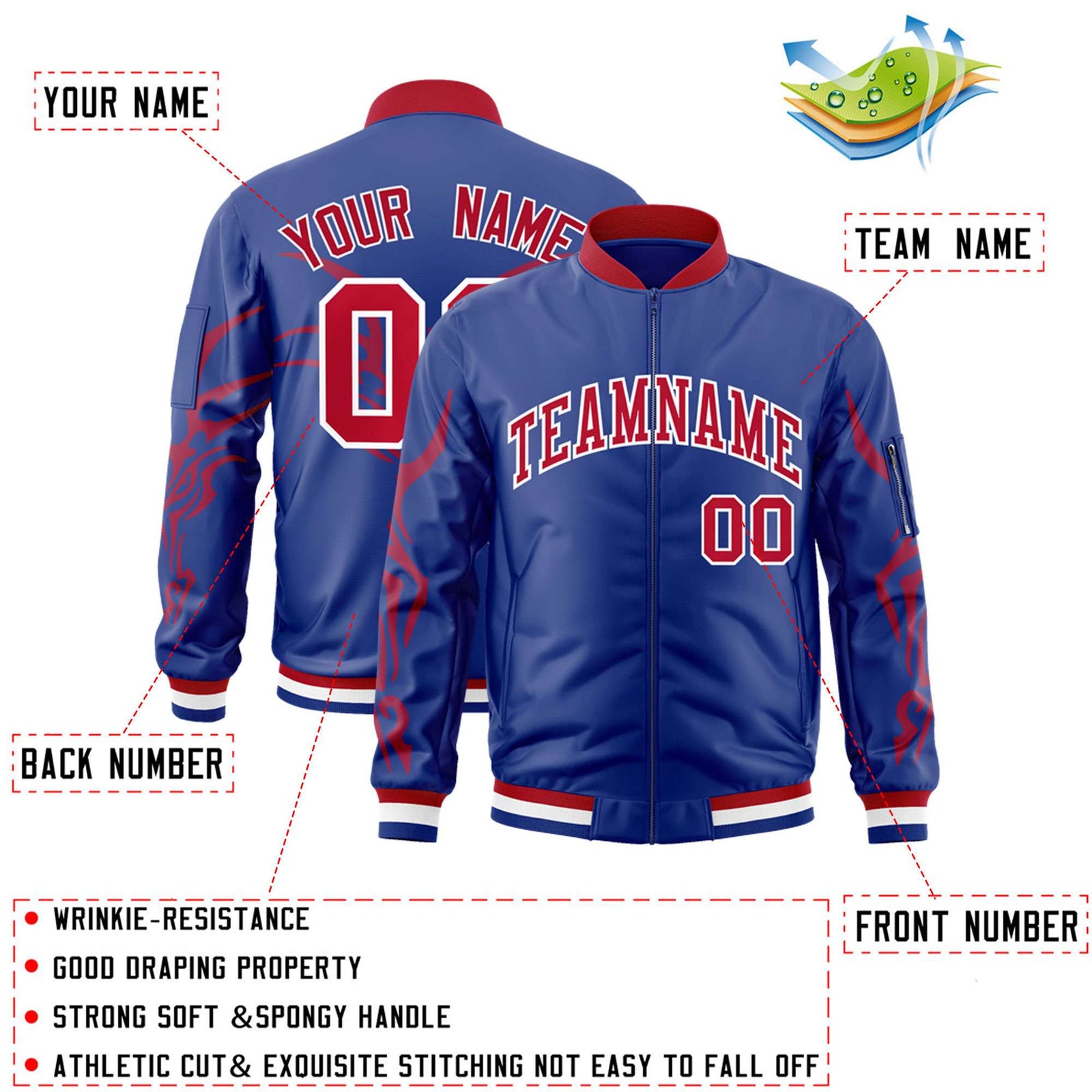 Custom Royal Red Varsity Full-Zip Dragon Head Graffiti Pattern Letterman Bomber Jacket