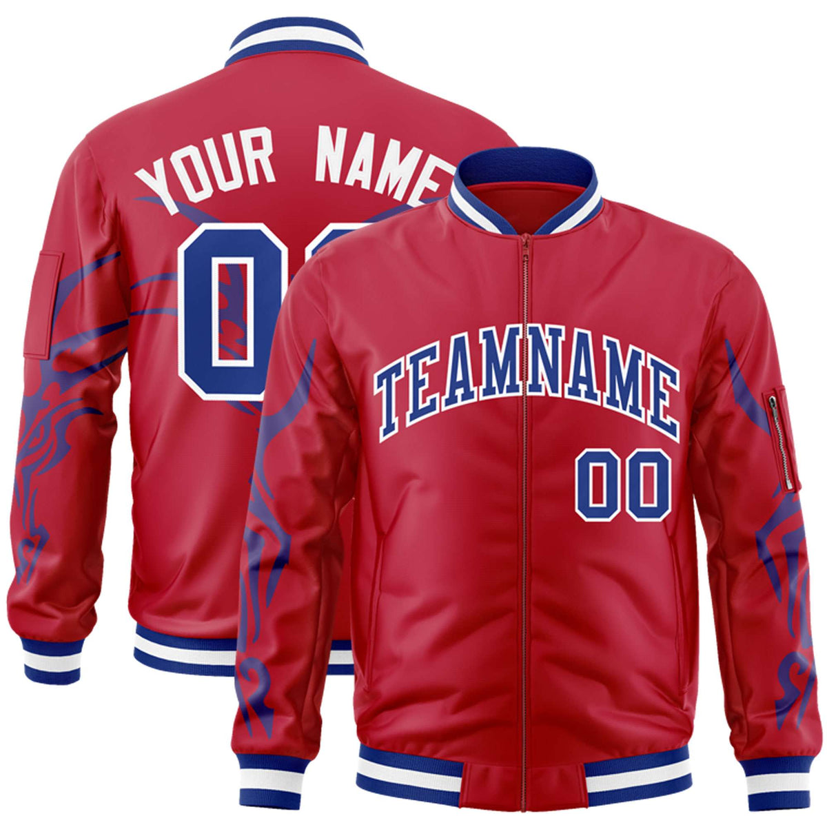 Custom Red Royal Varsity Full-Zip Dragon Head Graffiti Pattern Letterman Bomber Jacket