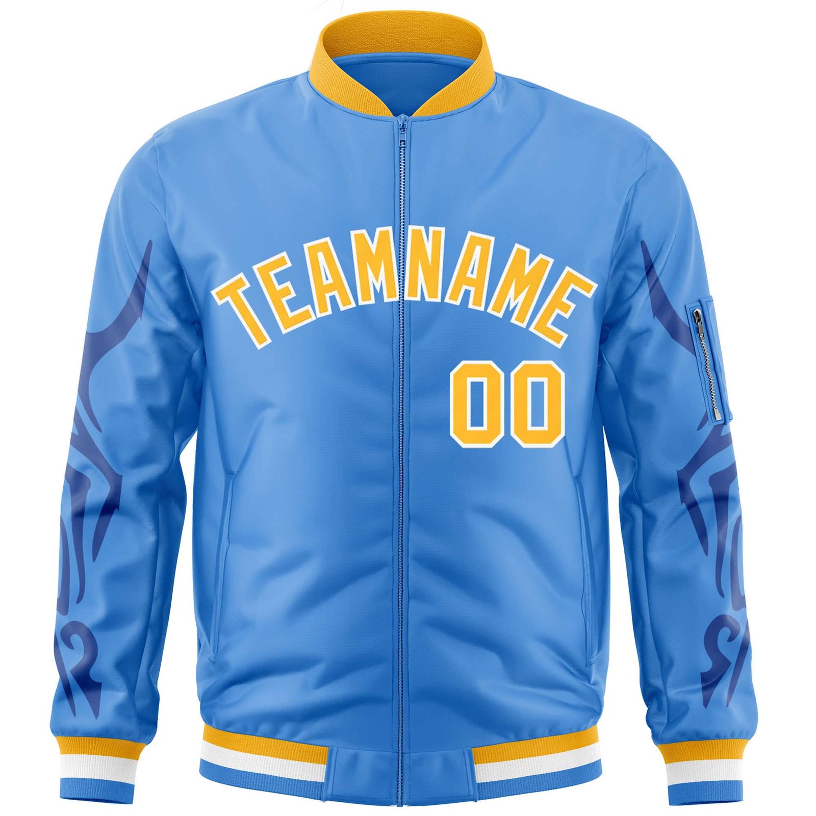 Custom Powder Blue Gold Varsity Full-Zip Dragon Head Graffiti Pattern Letterman Bomber Jacket