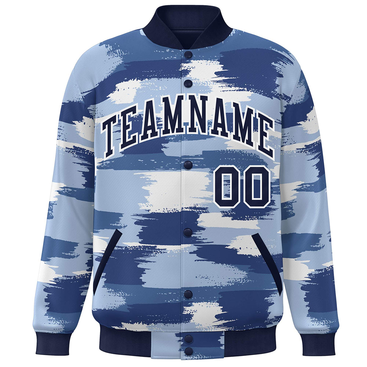 Custom Navy White Camo Varsity Full-Snap Letterman Bomber Jacket