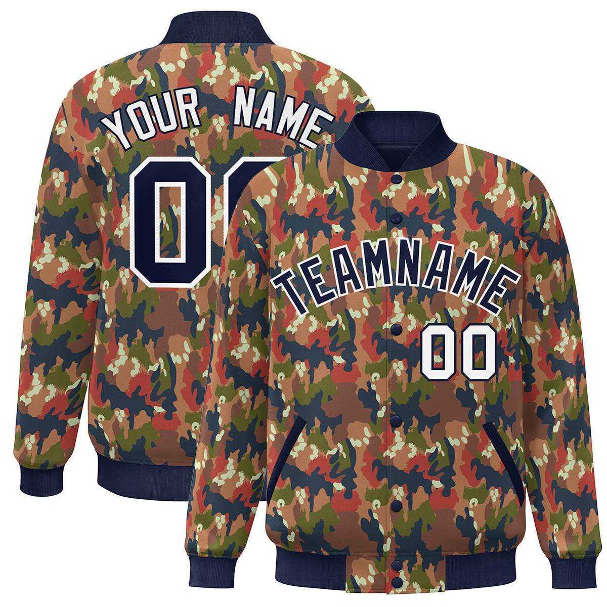 Custom Navy White Camo Varsity Full-Snap Letterman Bomber Jacket
