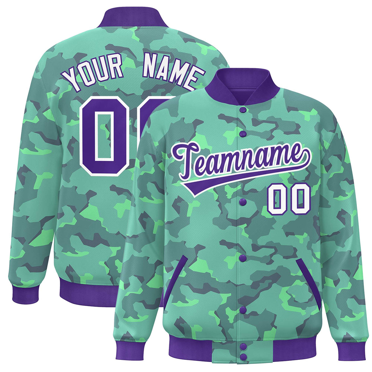 Custom Purple White Camo Varsity Full-Snap Letterman Bomber Jacket