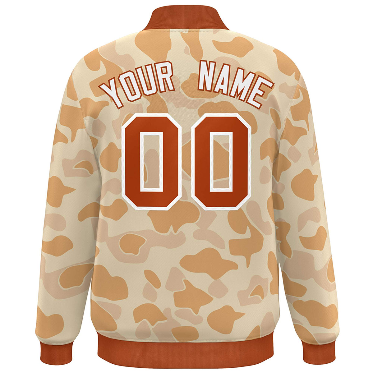 Custom Orange White Camo Varsity Full-Snap Letterman Bomber Jacket