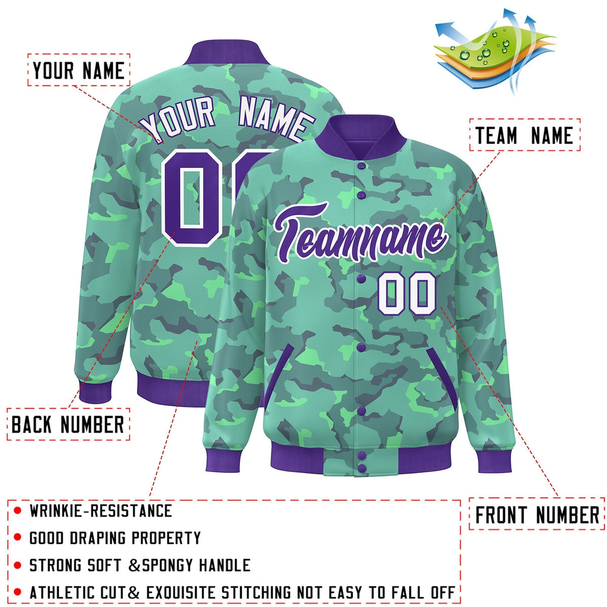 Custom Purple White Camo Varsity Full-Snap Letterman Bomber Jacket