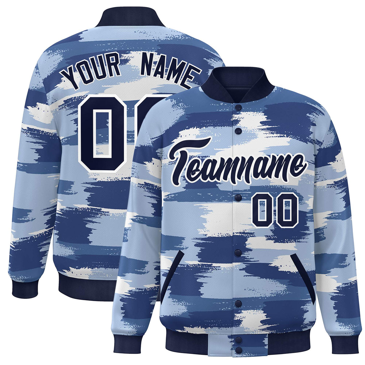 Custom Navy White Camo Varsity Full-Snap Letterman Bomber Jacket