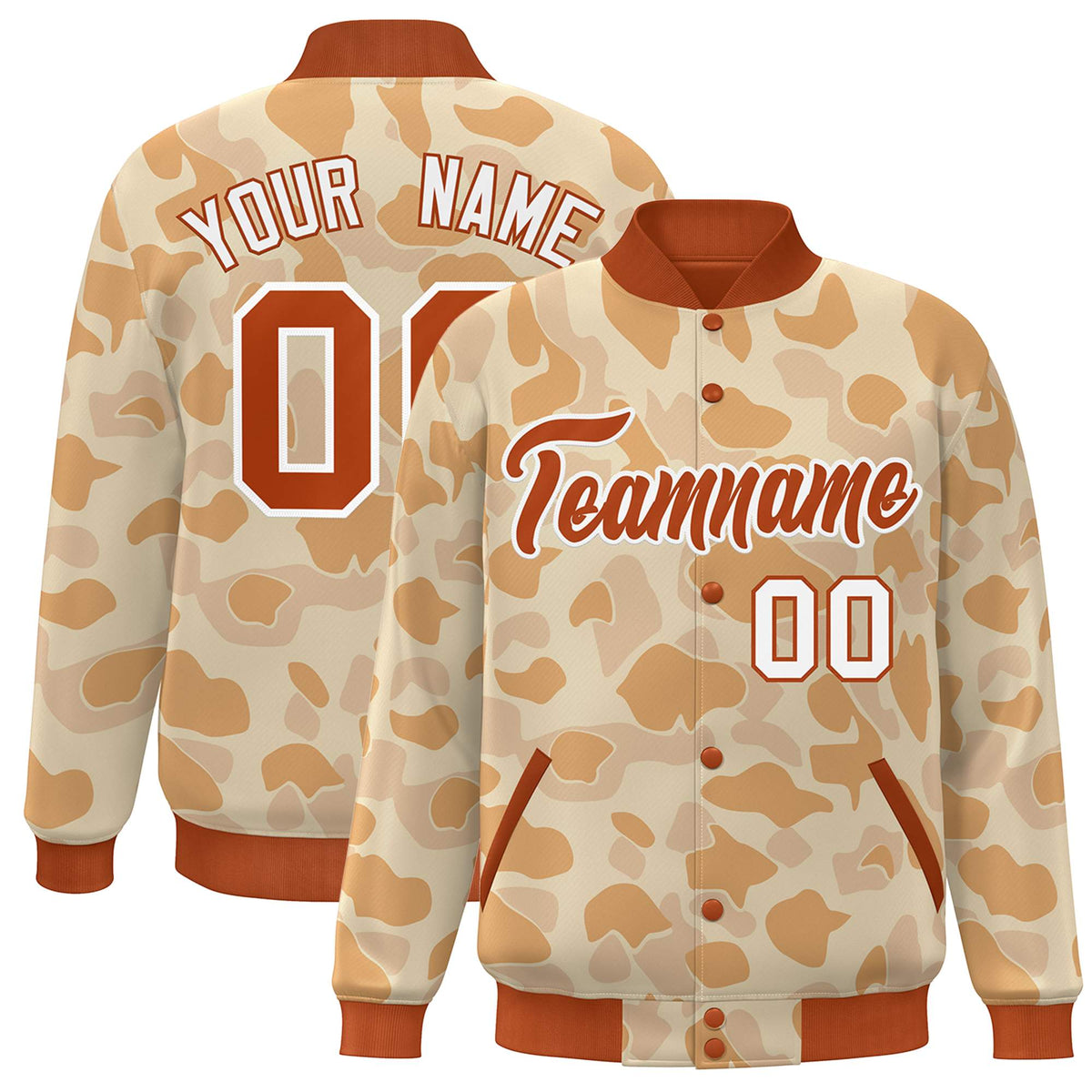 Custom Orange White Camo Varsity Full-Snap Letterman Bomber Jacket