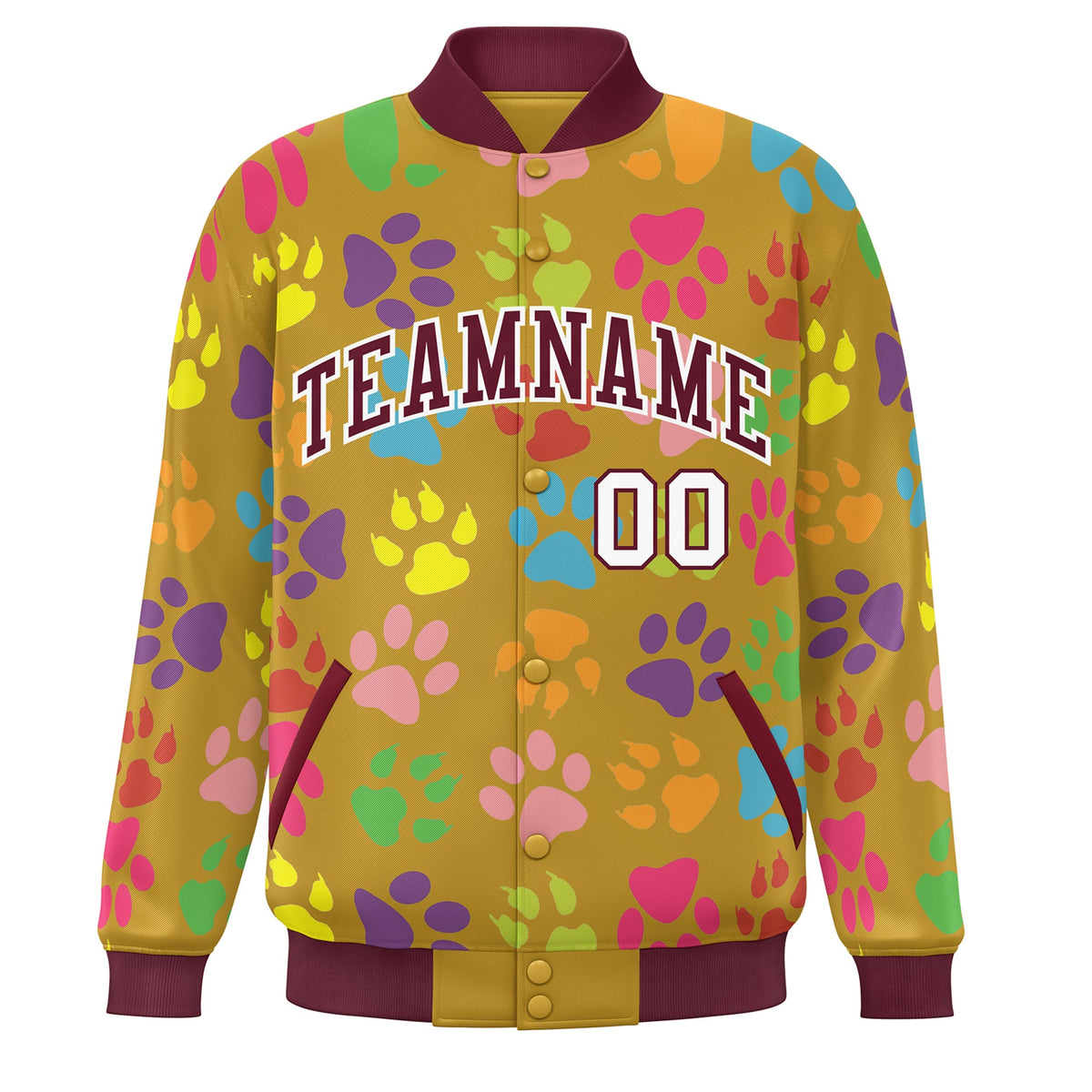 Custom Old Gold Crimson-White Varsity Pets Paw Prints Graffiti Pattern Letterman Baseball Jacket