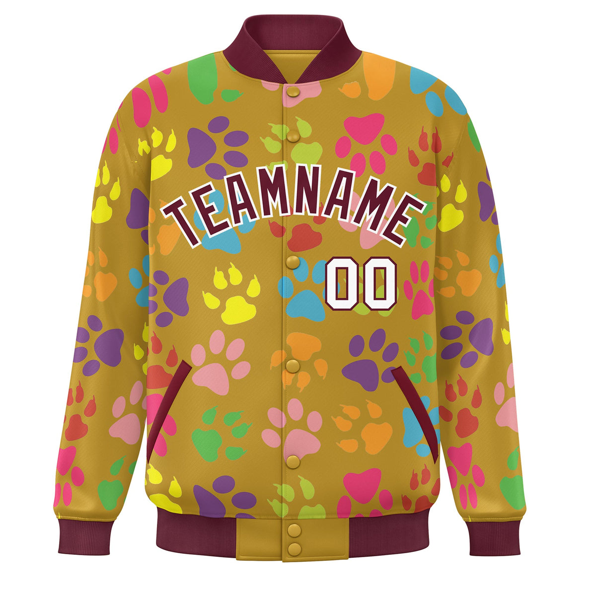 Custom Old Gold Crimson-White Varsity Pets Paw Prints Graffiti Pattern Letterman Baseball Jacket
