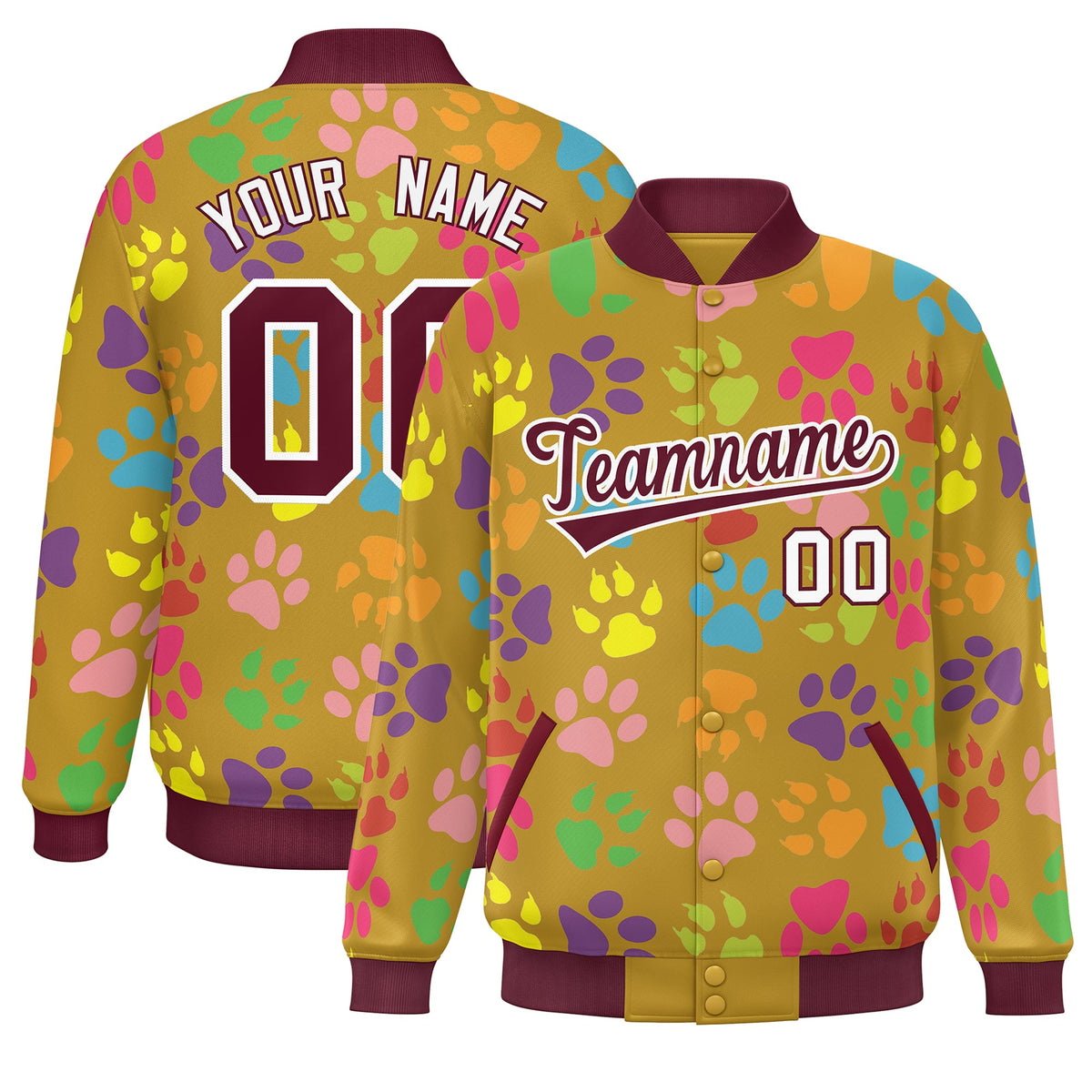 Custom Old Gold Crimson-White Varsity Pets Paw Prints Graffiti Pattern Letterman Baseball Jacket