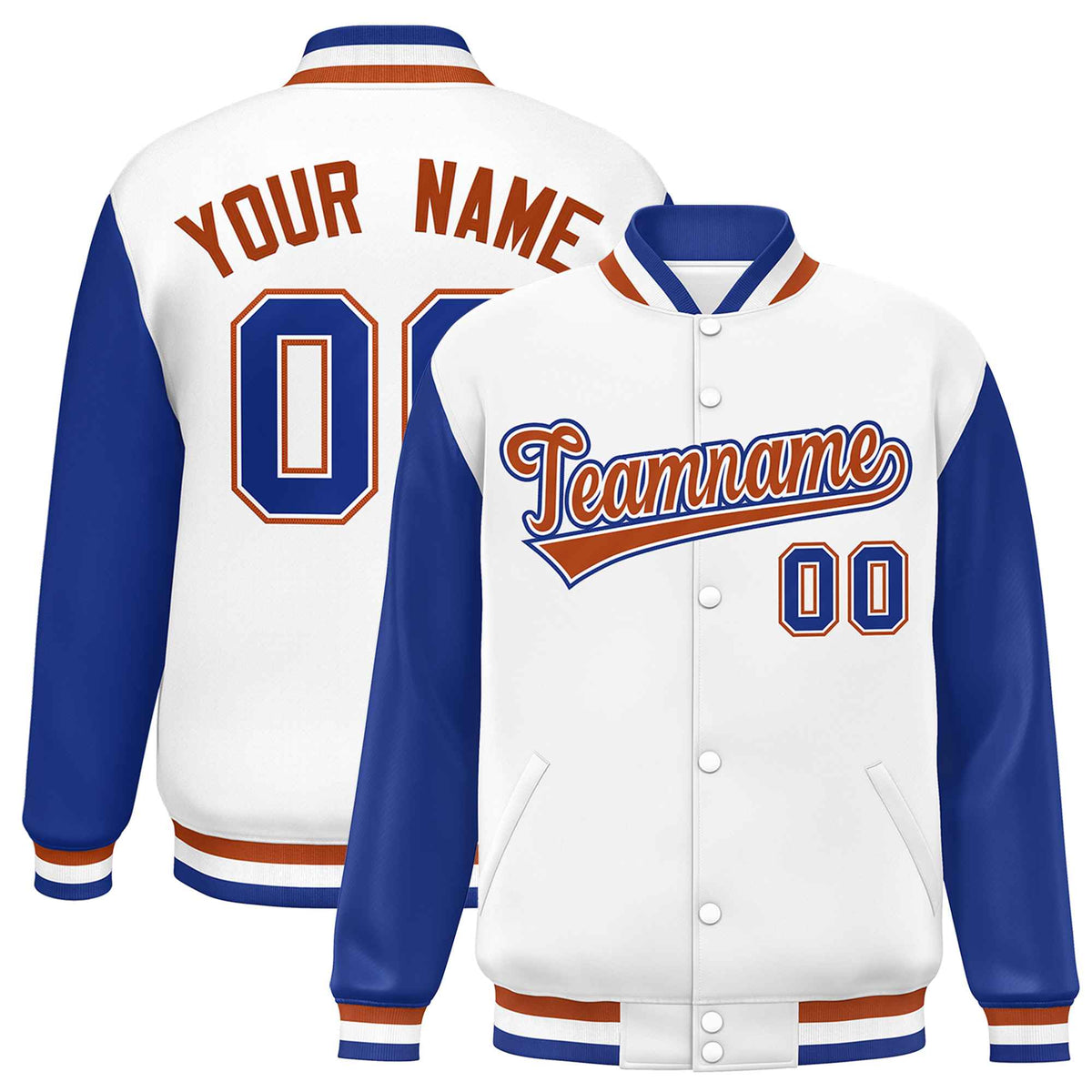 Custom White Royal Varsity Full-Snap Raglan Sleeves Letterman Baseball Jacket