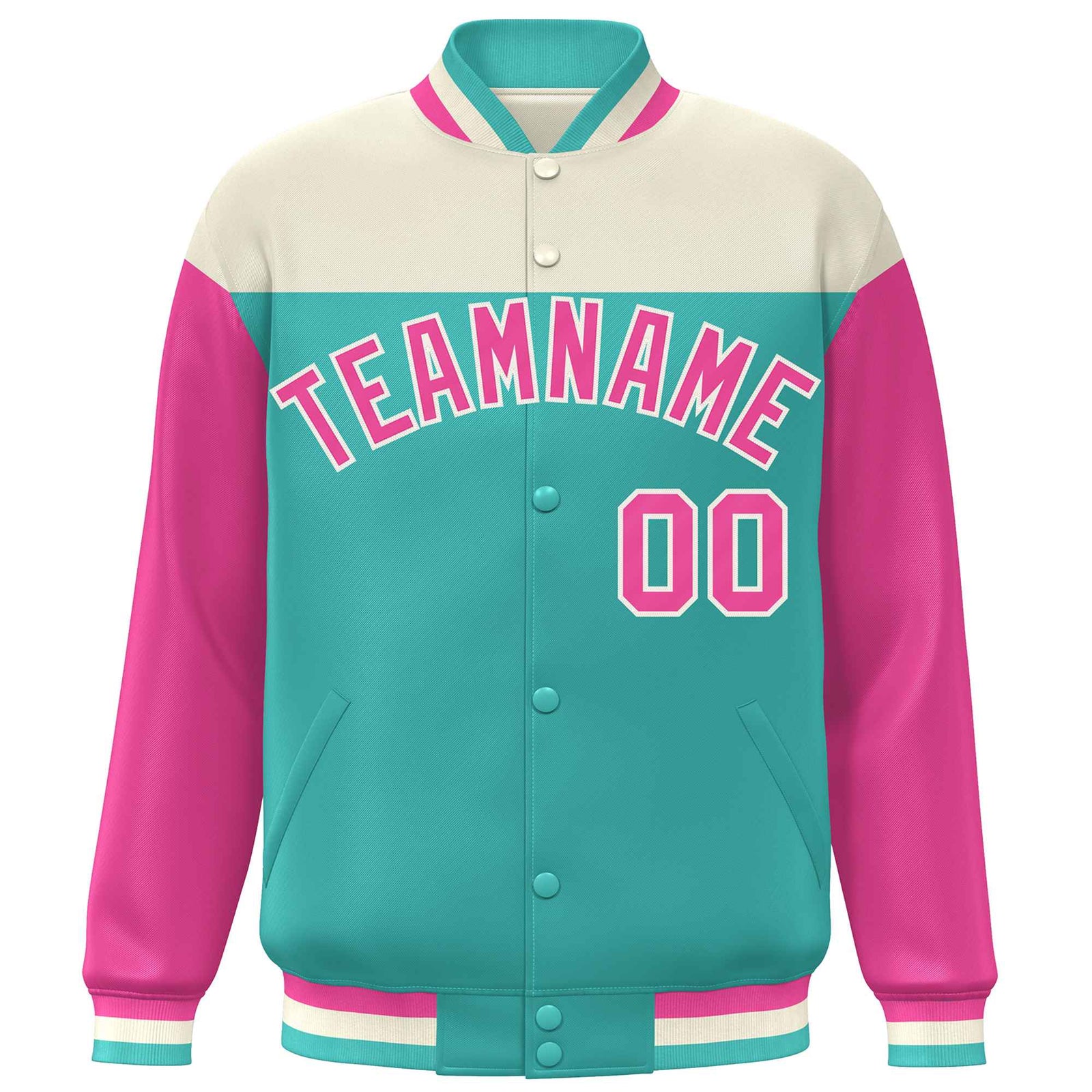 Custom Cream Aqua-Pink Letterman Color Block Varsity Full-Snap Baseball Jacket