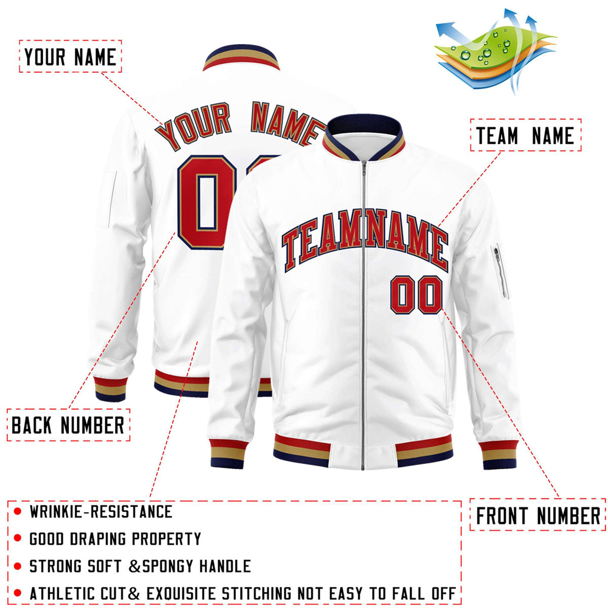 Custom White Red-Old Gold Varsity Full-Zip Letterman Bomber Jacket
