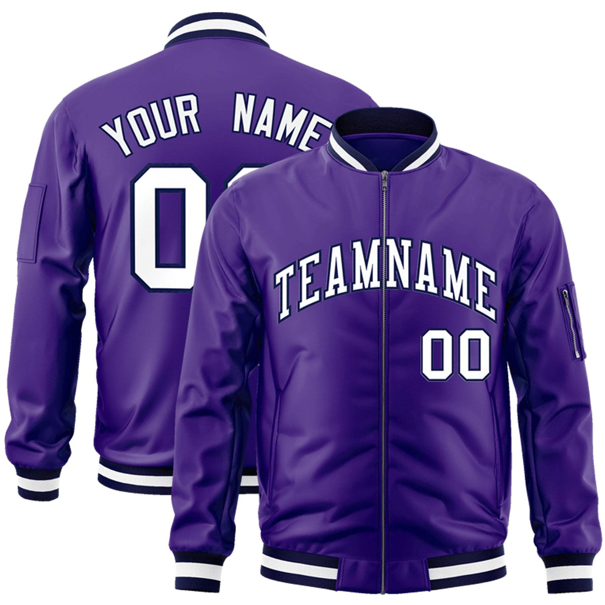 Custom Purple White-Navy Varsity Full-Zip Letterman Bomber Jacket