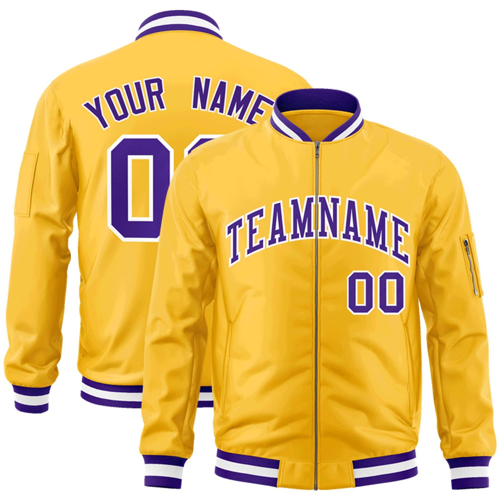Custom Gold Purple-White Varsity Full-Zip Letterman Bomber Jacket