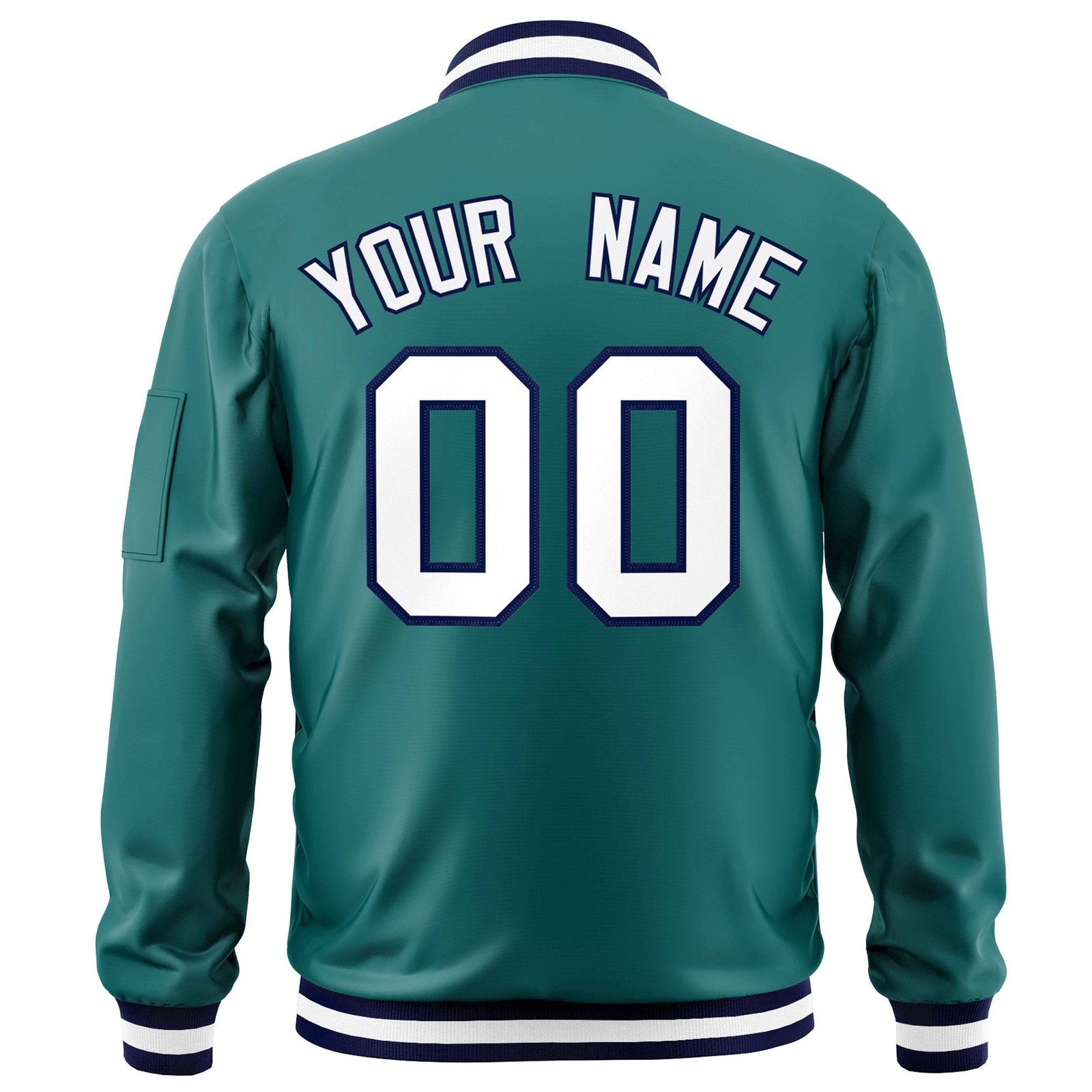 Custom Aqua White-Navy Varsity Full-Zip Letterman Bomber Jacket